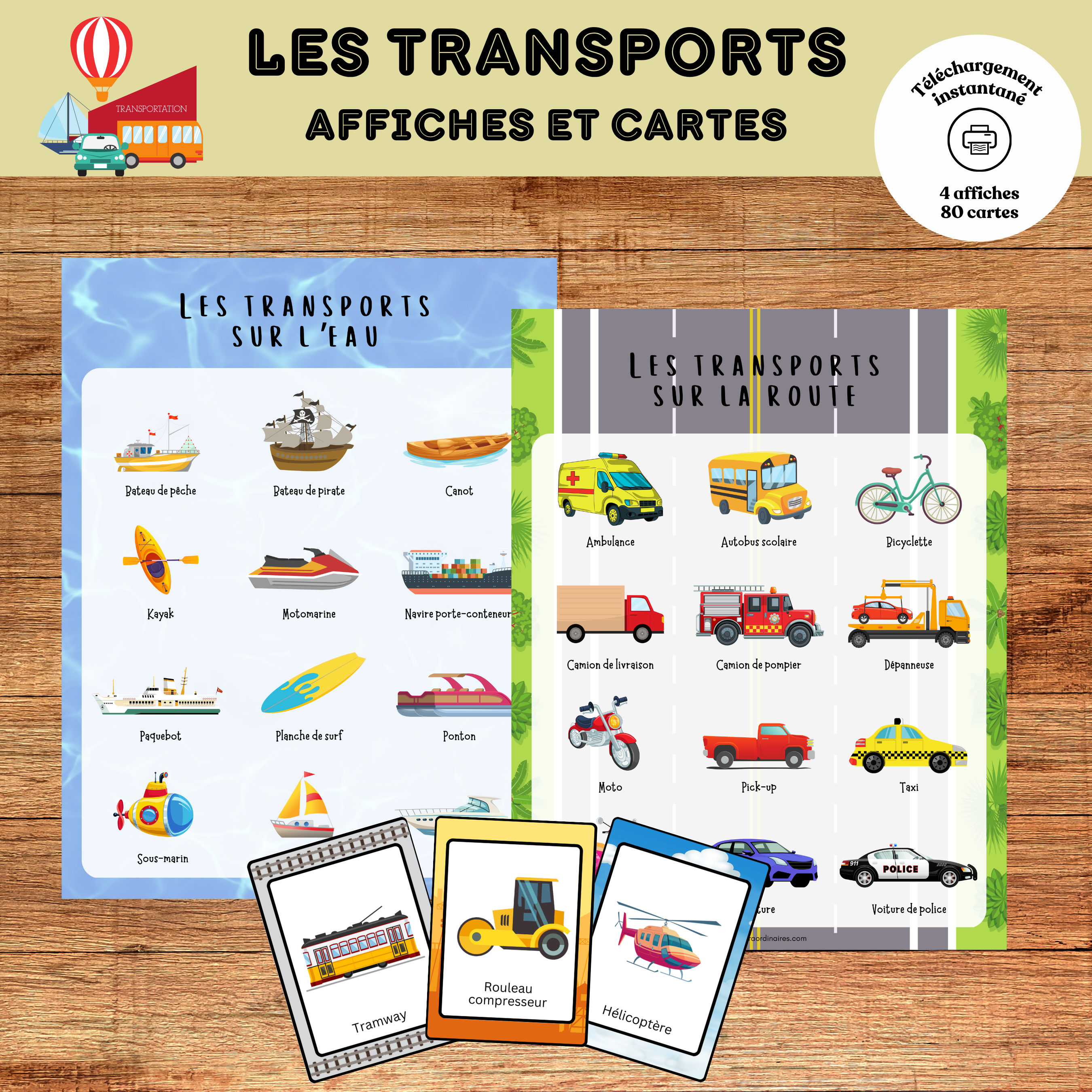 Ensemble d'affiches illustrées et de cartes de nomenclature sur les moyens de transport comprenant voiture, autobus, train, avion, bateau, vélo et autres véhicules. Ressource éducative imprimable pour le préscolaire.