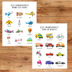Ensemble d'affiches illustrées et de cartes de nomenclature sur les moyens de transport comprenant voiture, autobus, train, avion, bateau, vélo et autres véhicules. Ressource éducative imprimable pour le préscolaire.
