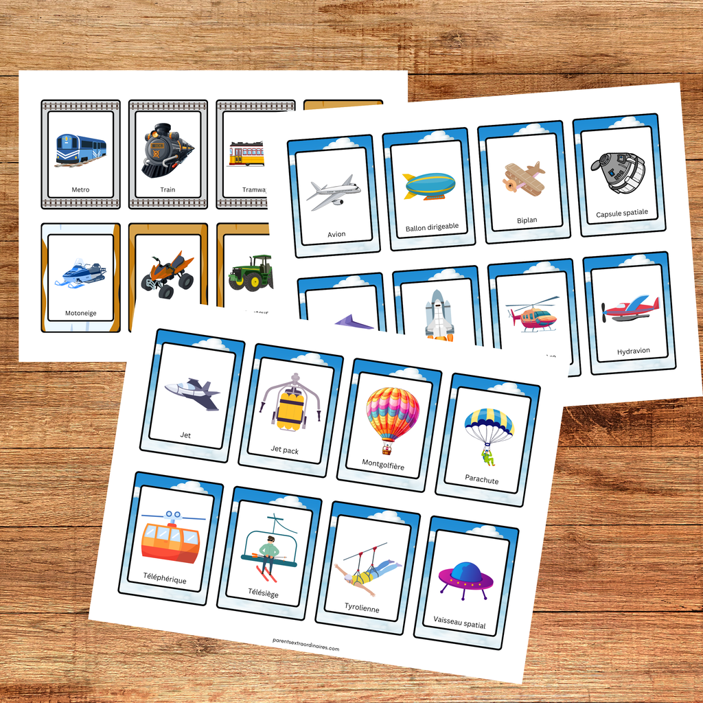 Ensemble d'affiches illustrées et de cartes de nomenclature sur les moyens de transport comprenant voiture, autobus, train, avion, bateau, vélo et autres véhicules. Ressource éducative imprimable pour le préscolaire.