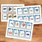 Ensemble d'affiches illustrées et de cartes de nomenclature sur les moyens de transport comprenant voiture, autobus, train, avion, bateau, vélo et autres véhicules. Ressource éducative imprimable pour le préscolaire.