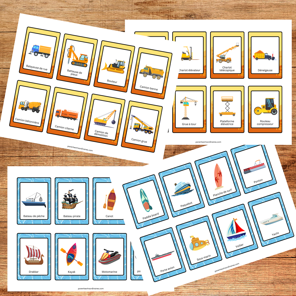 Ensemble d'affiches illustrées et de cartes de nomenclature sur les moyens de transport comprenant voiture, autobus, train, avion, bateau, vélo et autres véhicules. Ressource éducative imprimable pour le préscolaire.