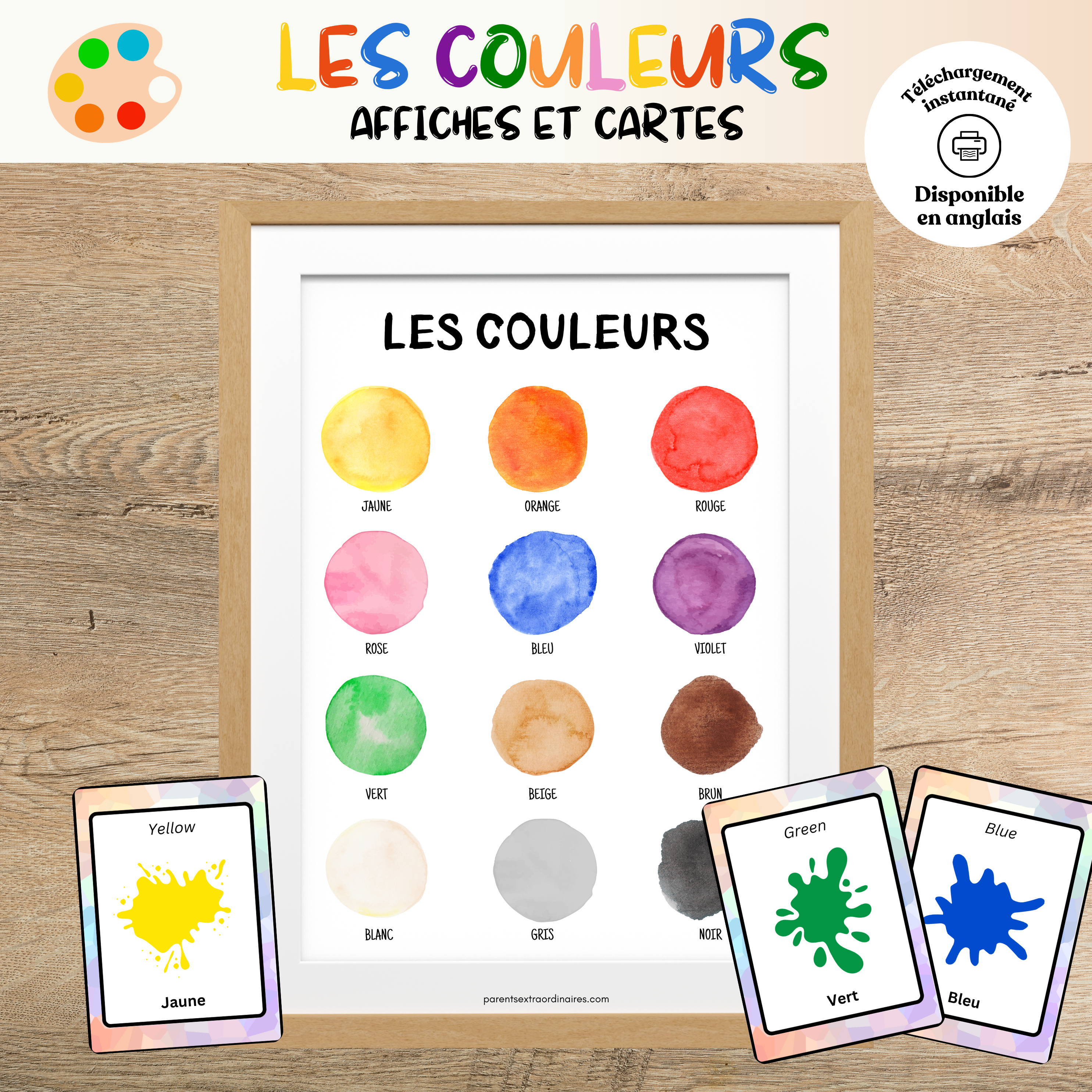 Cartes de nomenclature et affiches éducatives sur les couleurs à imprimer pour aider les enfants à reconnaître, nommer et mémoriser les différentes couleurs.