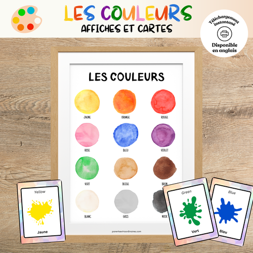 Cartes de nomenclature et affiches éducatives sur les couleurs à imprimer pour aider les enfants à reconnaître, nommer et mémoriser les différentes couleurs.