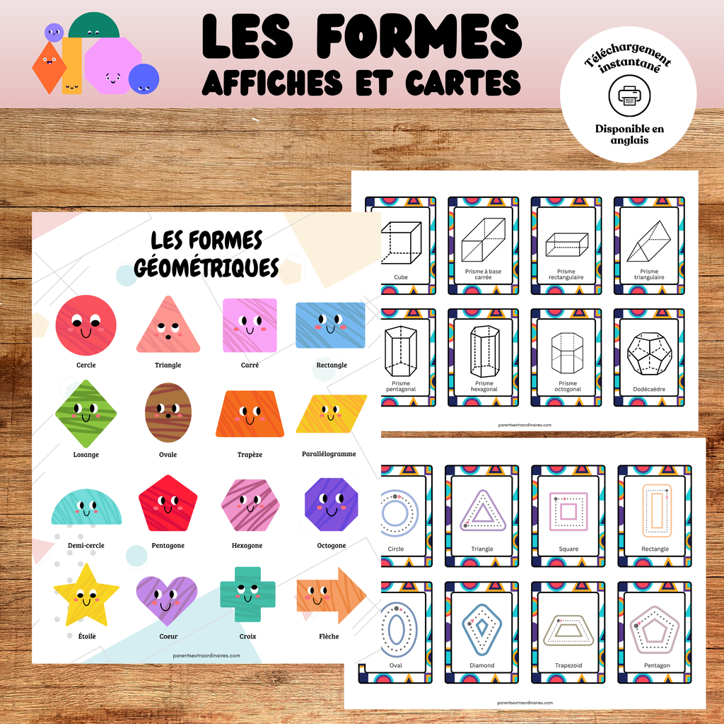 Cartes de nomenclature et affiches éducatives des formes géométriques à imprimer pour apprendre à reconnaître, nommer et différencier les formes au préscolaire et à la maternelle.