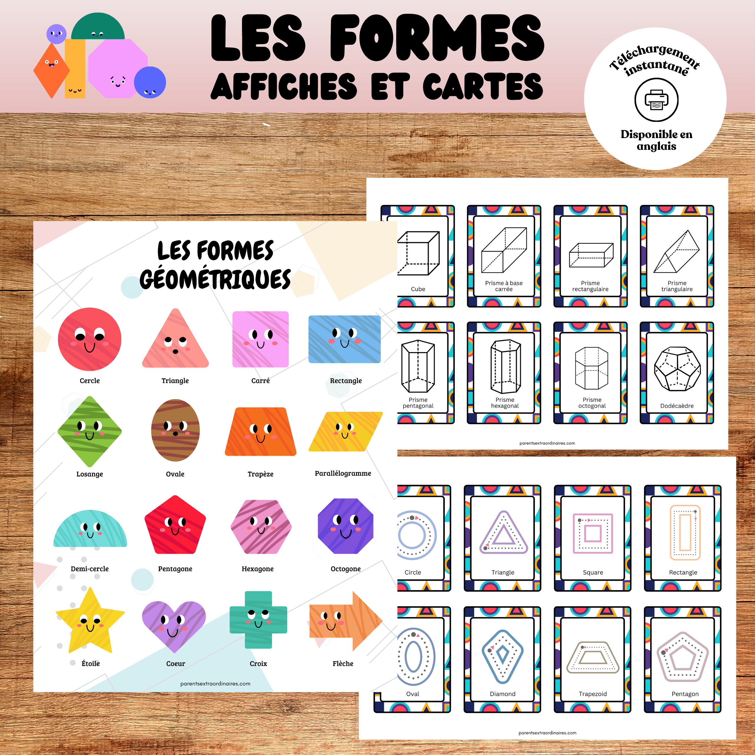 Cartes de nomenclature et affiches éducatives des formes géométriques à imprimer pour apprendre à reconnaître, nommer et différencier les formes au préscolaire et à la maternelle.