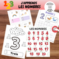 Ensemble d’activités éducatives imprimables pour apprendre les chiffres et les nombres de 1 à 25. Comprend des affiches, des exercices de traçage, des activités de dénombrement et des fiches d’écriture favorisant la reconnaissance des nombres et la motricité fine.