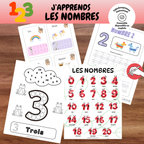 Ensemble d’activités éducatives imprimables pour apprendre les chiffres et les nombres de 1 à 25. Comprend des affiches, des exercices de traçage, des activités de dénombrement et des fiches d’écriture favorisant la reconnaissance des nombres et la motricité fine.