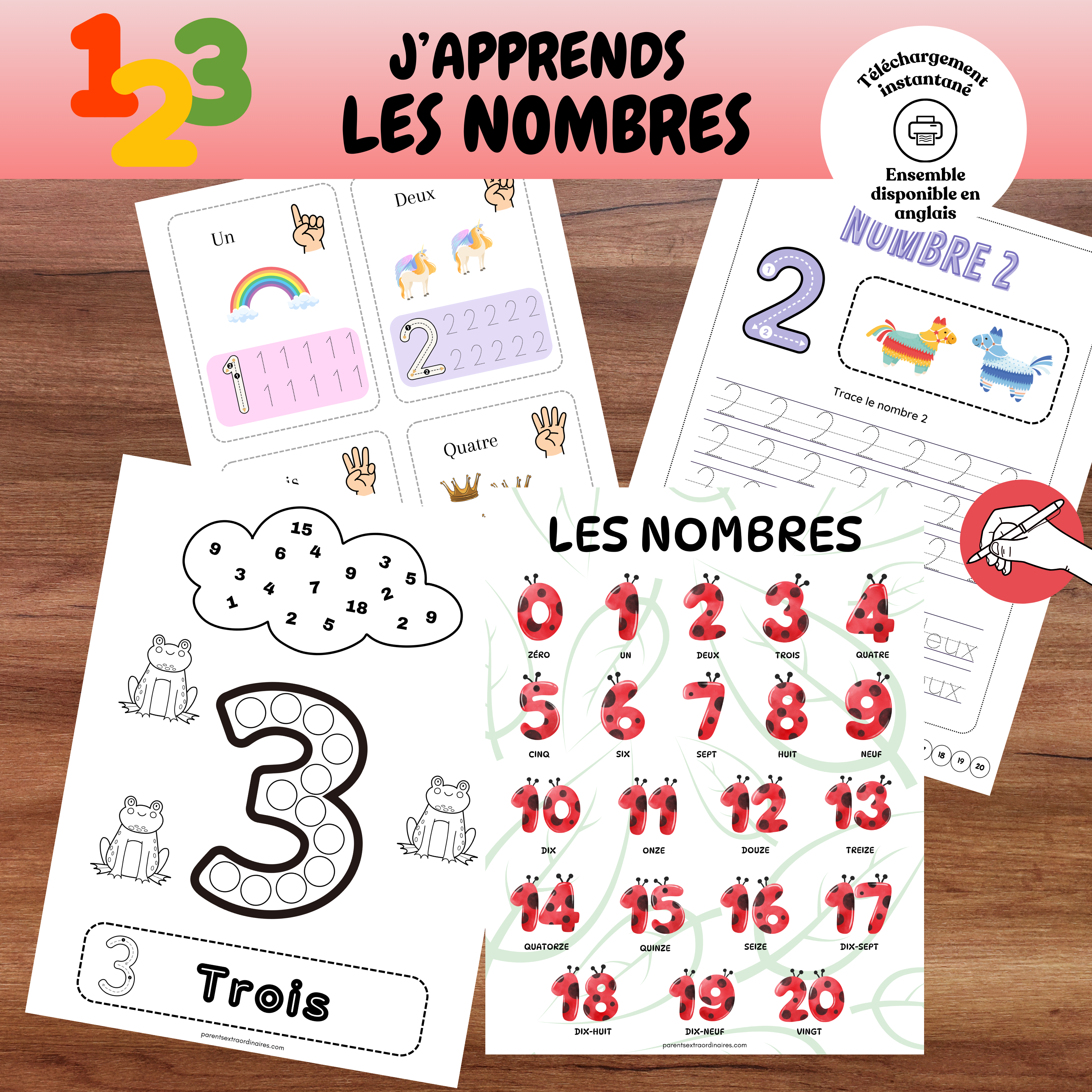 Ensemble d’activités éducatives imprimables pour apprendre les chiffres et les nombres de 1 à 25. Comprend des affiches, des exercices de traçage, des activités de dénombrement et des fiches d’écriture favorisant la reconnaissance des nombres et la motricité fine.