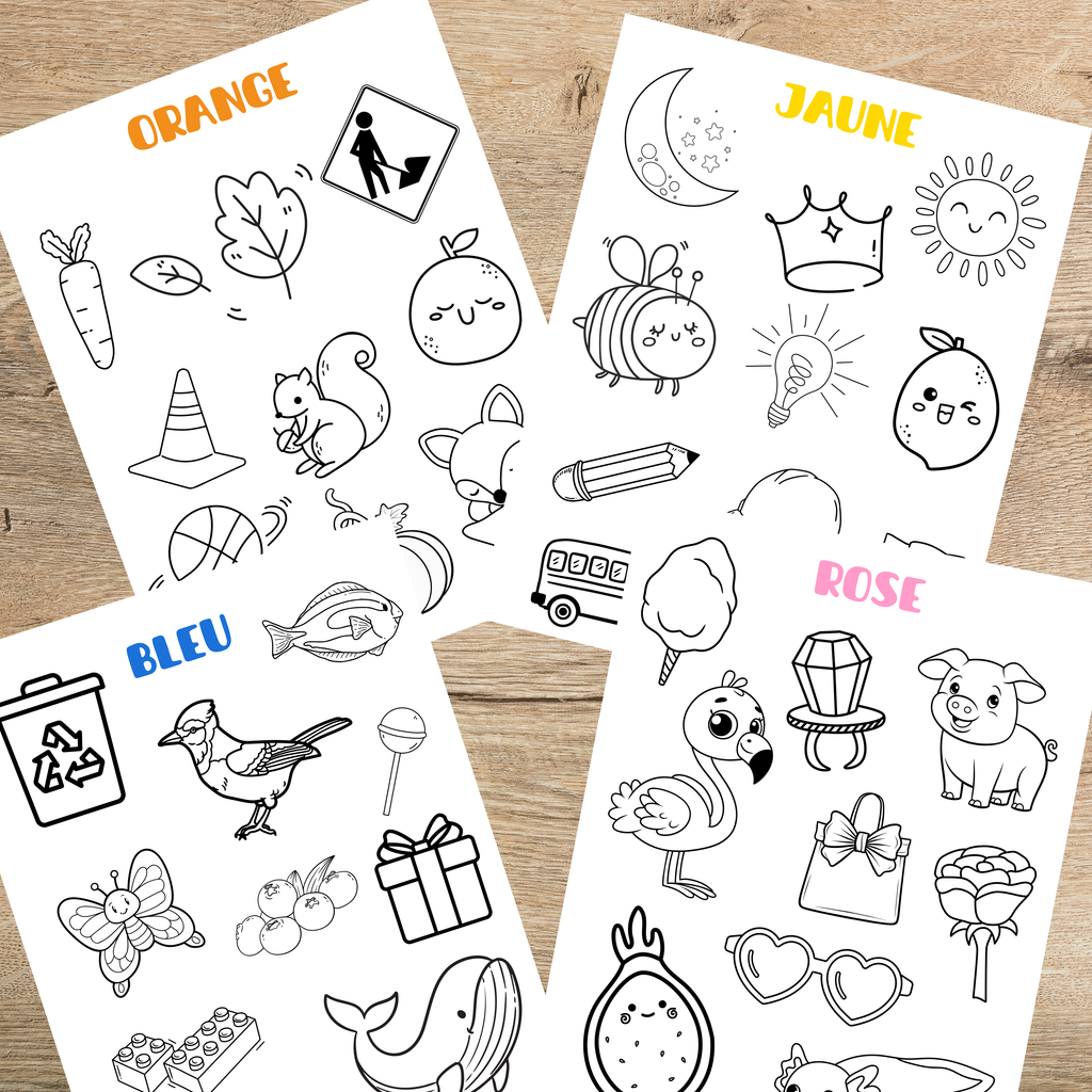Ensemble d’activités éducatives sur les couleurs comprenant affiches, cartes de nomenclature, exercices d’association et coloriages pour enfants d’âge préscolaire.