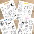 Ensemble d’activités éducatives sur les couleurs comprenant affiches, cartes de nomenclature, exercices d’association et coloriages pour enfants d’âge préscolaire.