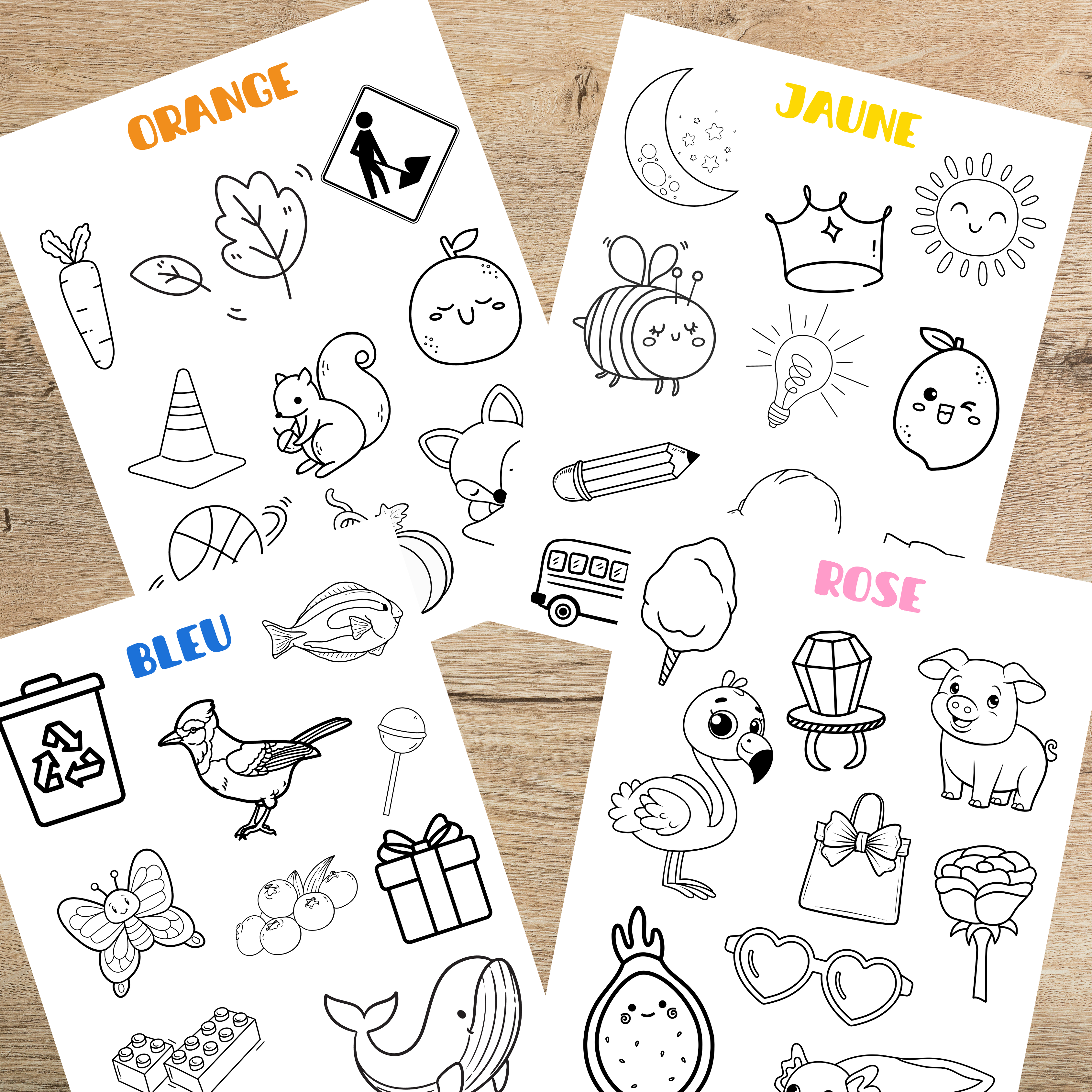 Ensemble d’activités éducatives sur les couleurs comprenant affiches, cartes de nomenclature, exercices d’association et coloriages pour enfants d’âge préscolaire.