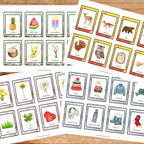Cartes de nomenclature illustrées sur les saisons aidant les enfants à reconnaître les objets, symboles et éléments associés à chaque période de l’année.
