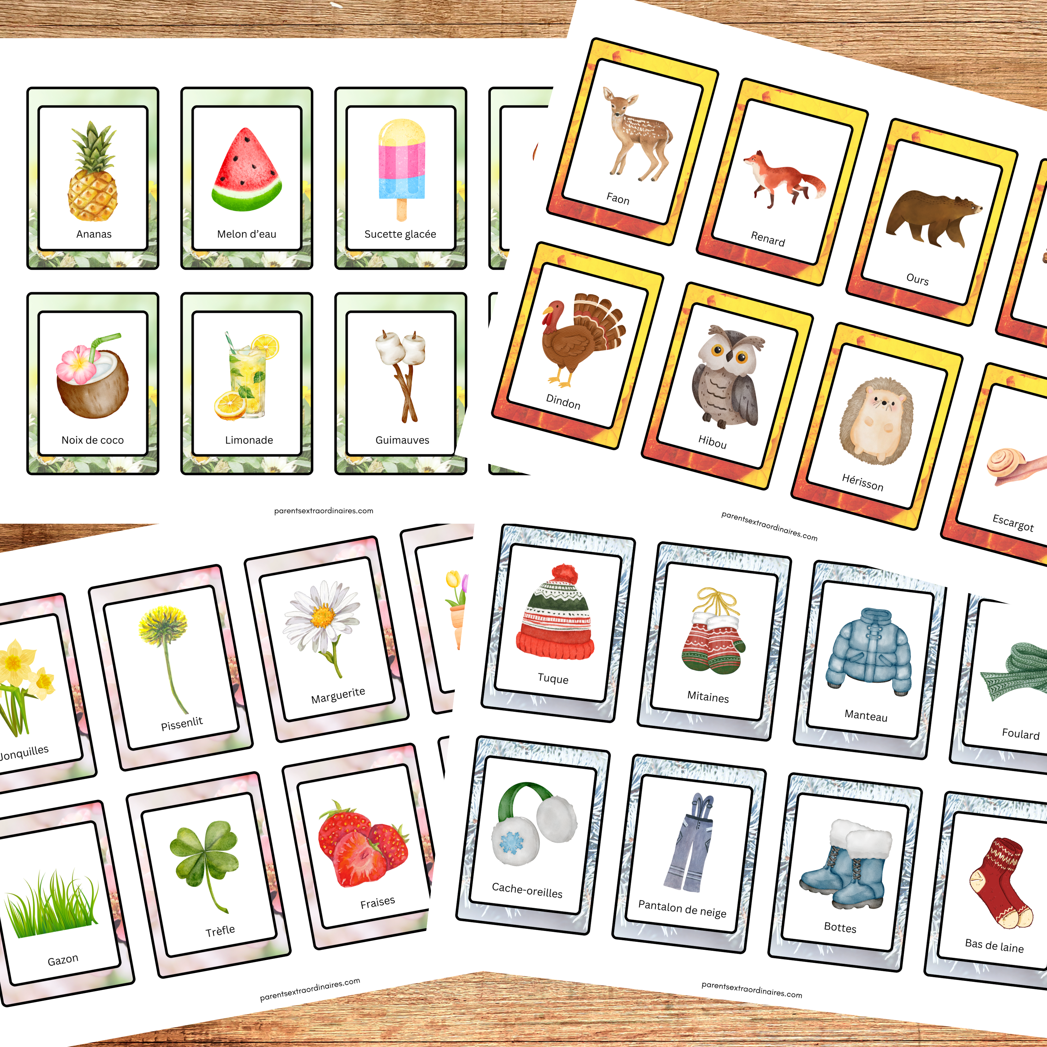 Cartes de nomenclature illustrées sur les saisons aidant les enfants à reconnaître les objets, symboles et éléments associés à chaque période de l’année.