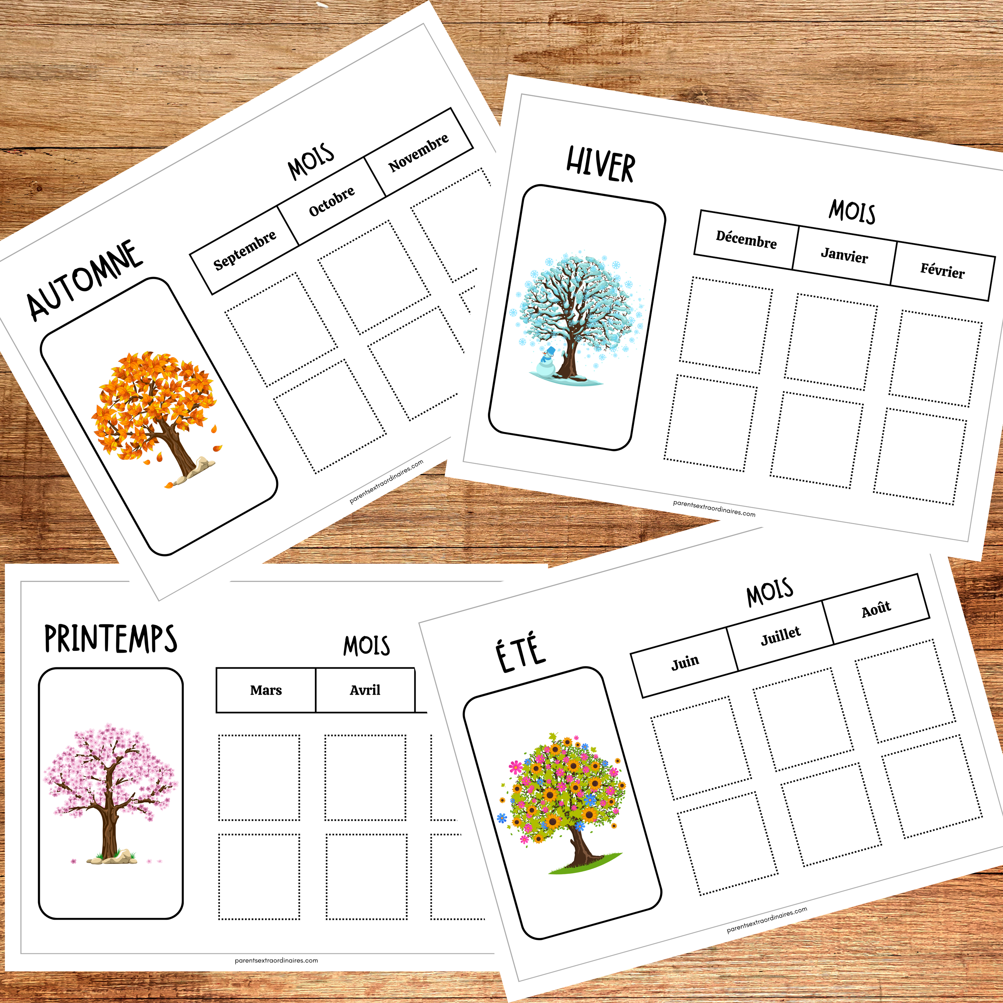 Ensemble d’activités éducatives sur les saisons comprenant des roues des saisons, des cartes de nomenclature, des activités d’association, des coloriages et des jeux d’habillement pour aider les enfants à découvrir le printemps, l’été, l’automne et l’hiver.