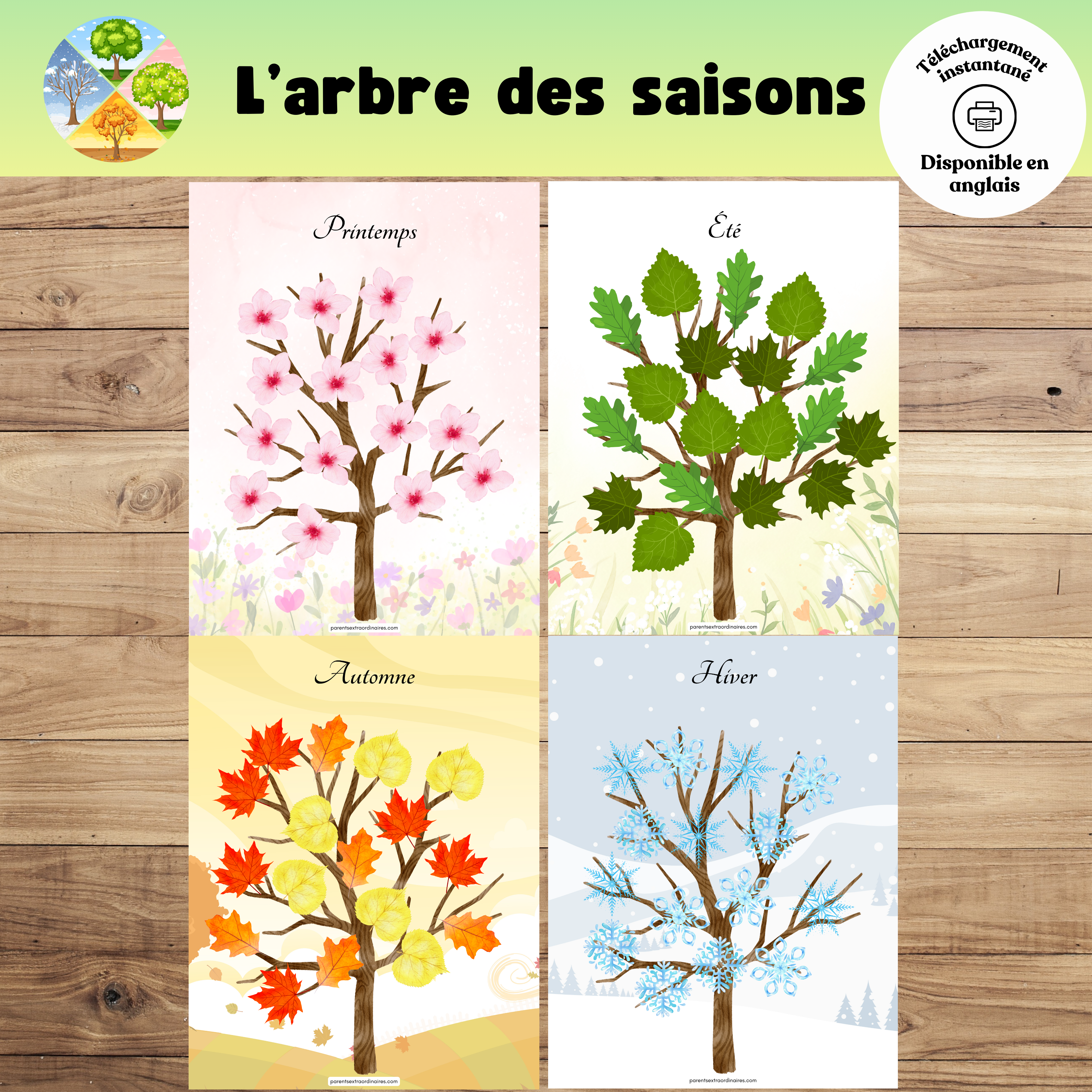 Activité éducative imprimable sur le thème de l’arbre des saisons permettant aux enfants de découvrir les changements de la nature au printemps, en été, en automne et en hiver grâce au bricolage, au coloriage et à l’observation des saisons.