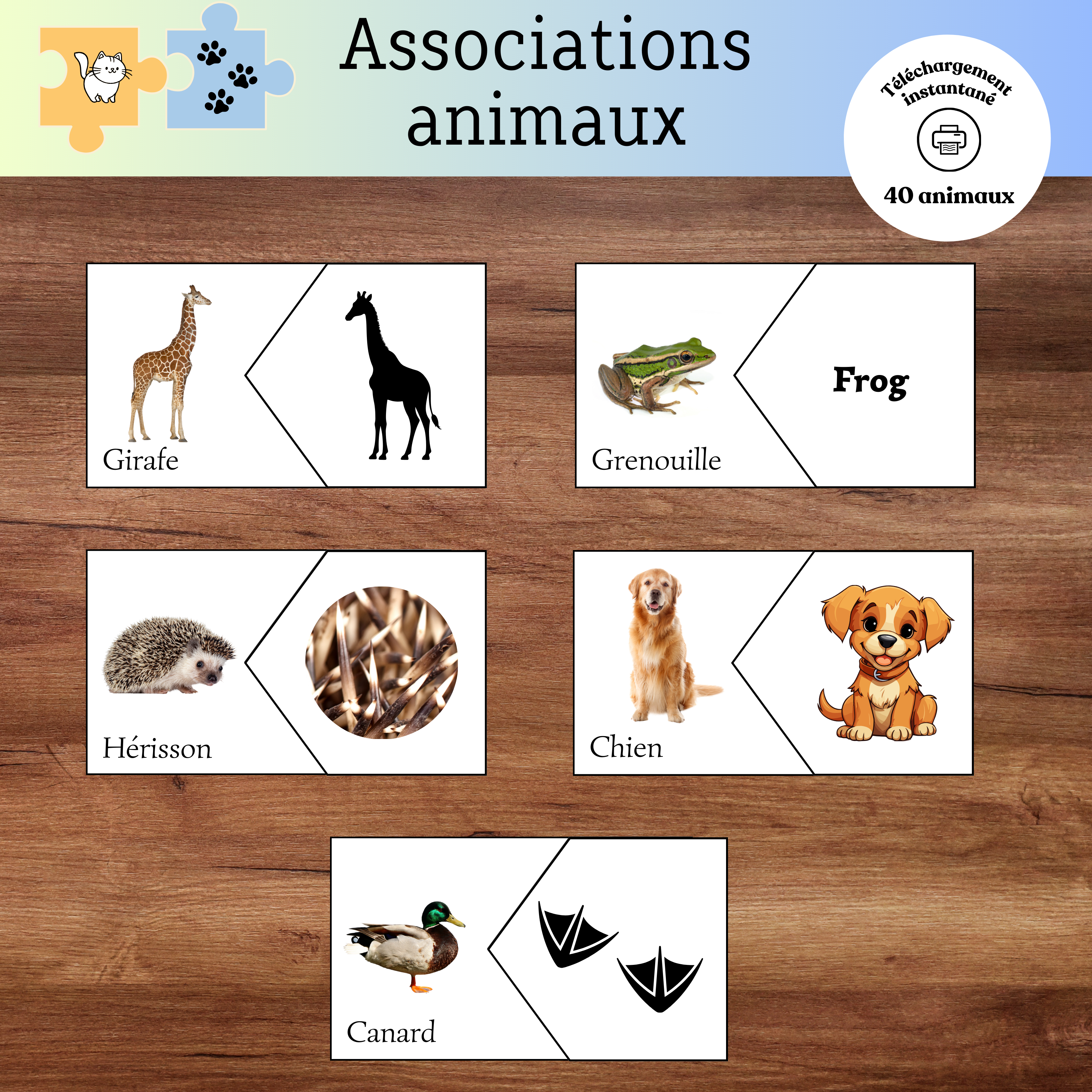 Activité Associations d'animaux à imprimer où les enfants jumellent les deux moitiés des casse-têtes pour former les bonnes paires d'animaux.