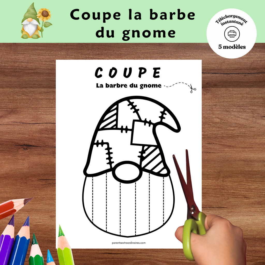 Activité gratuite la barbe du gnome à imprimer où l’enfant colorie et découpe en suivant les pointillés.