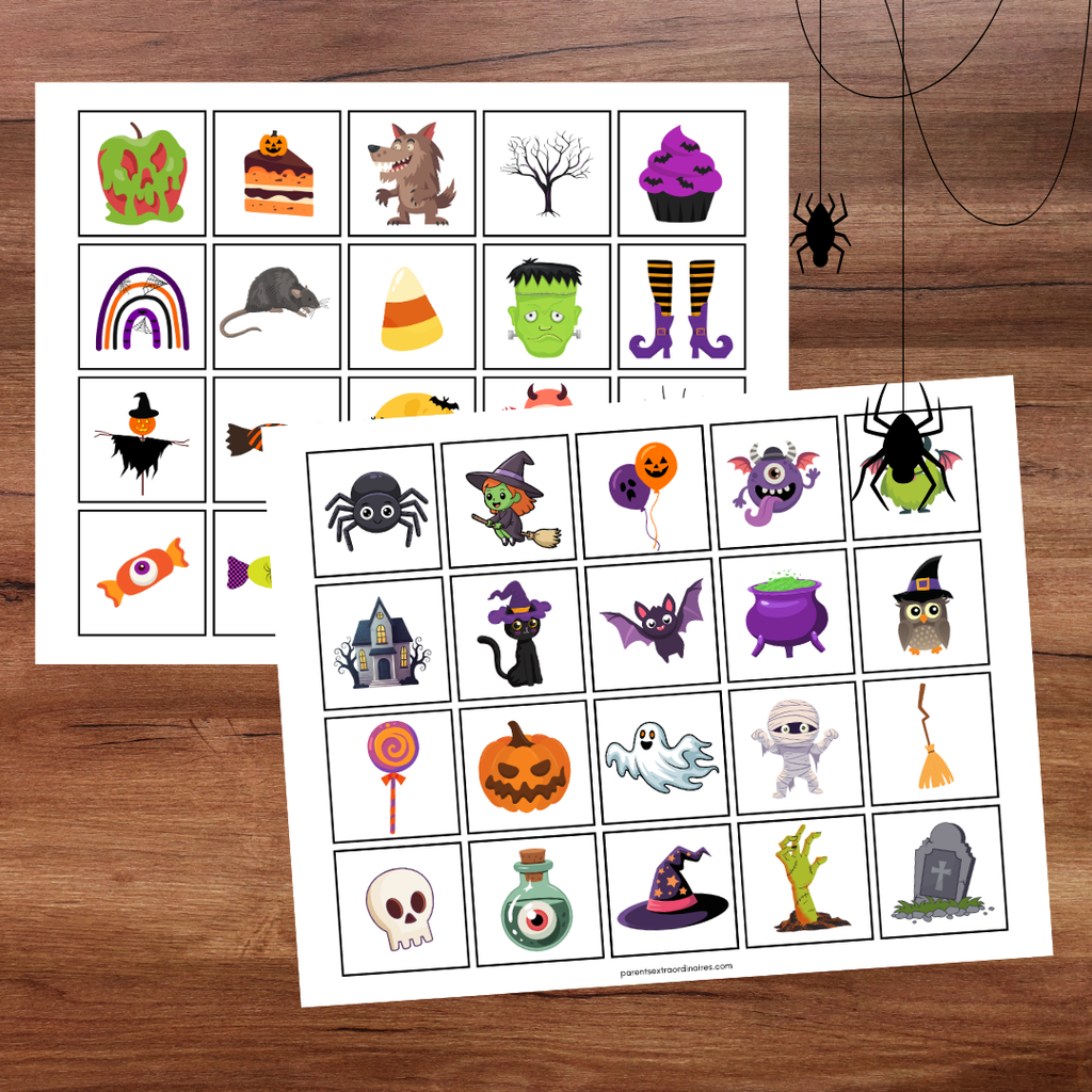 Bingo d’Halloween à imprimer avec cartes de bingo et images de citrouilles, fantômes et autres personnages d’Halloween