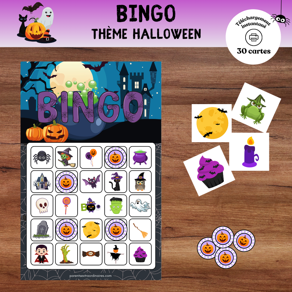 Bingo d’Halloween à imprimer avec cartes de bingo et images de citrouilles, fantômes et autres personnages d’Halloween