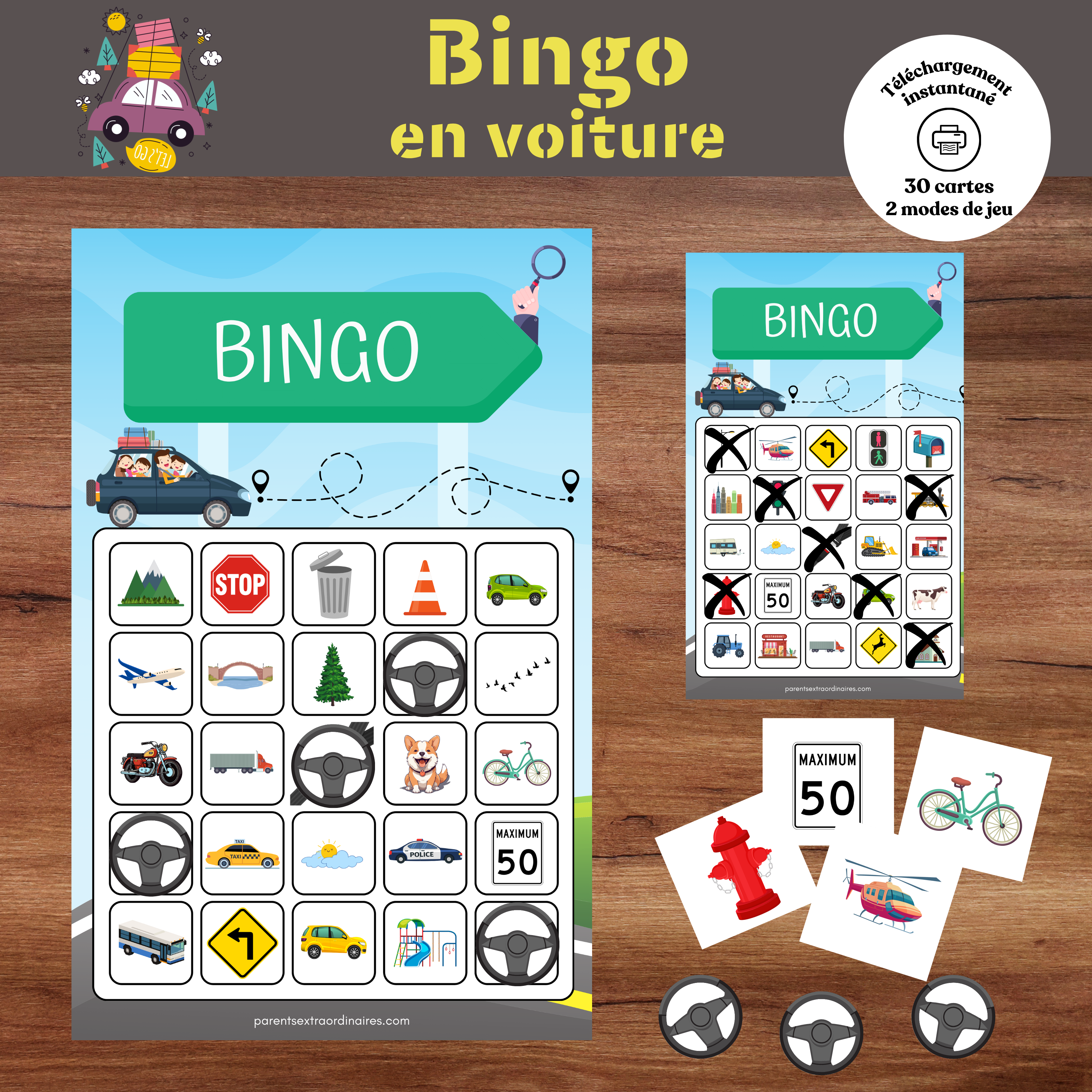 Jeu de bingo en voiture à imprimer comprenant 30 cartes différentes et plusieurs éléments à découper. Une activité ludique conçue pour divertir les enfants lors des trajets en voiture tout en développant leur sens de l’observation, leur attention et leur concentration.
