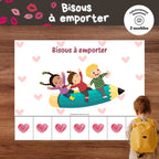 Affiche Bisous à emporter à imprimer avec de petits cœurs à apporter dans le sac à dos ou la boîte à lunch.