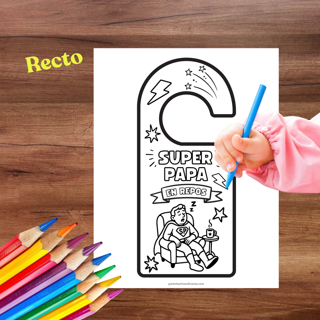 Activité de coloriage fête des Pères avec accroche-porte Super Papa à personnaliser.