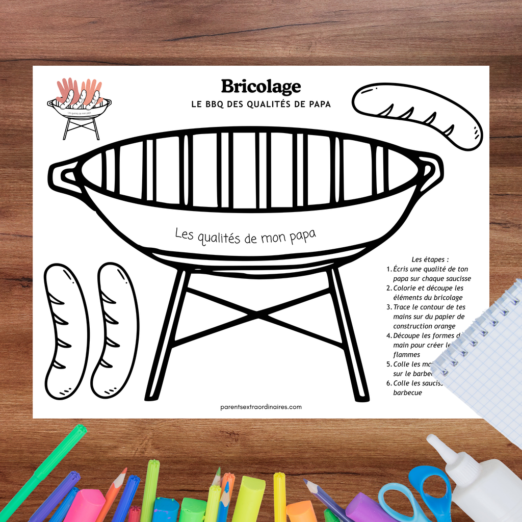 Cadeau de fête des Pères en forme de barbecue avec les qualités de papa inscrites par l'enfant.