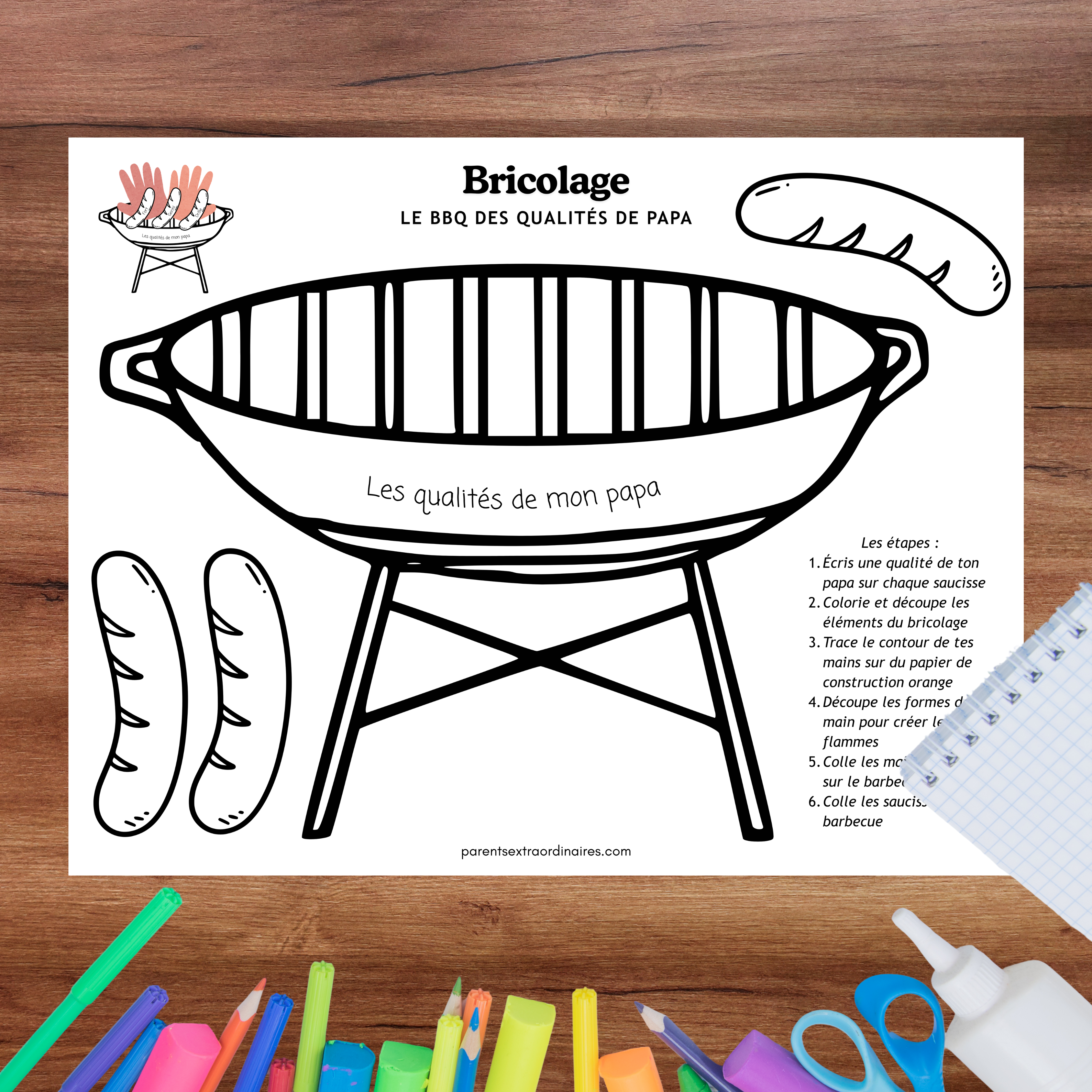 Cadeau de fête des Pères en forme de barbecue avec les qualités de papa inscrites par l'enfant.