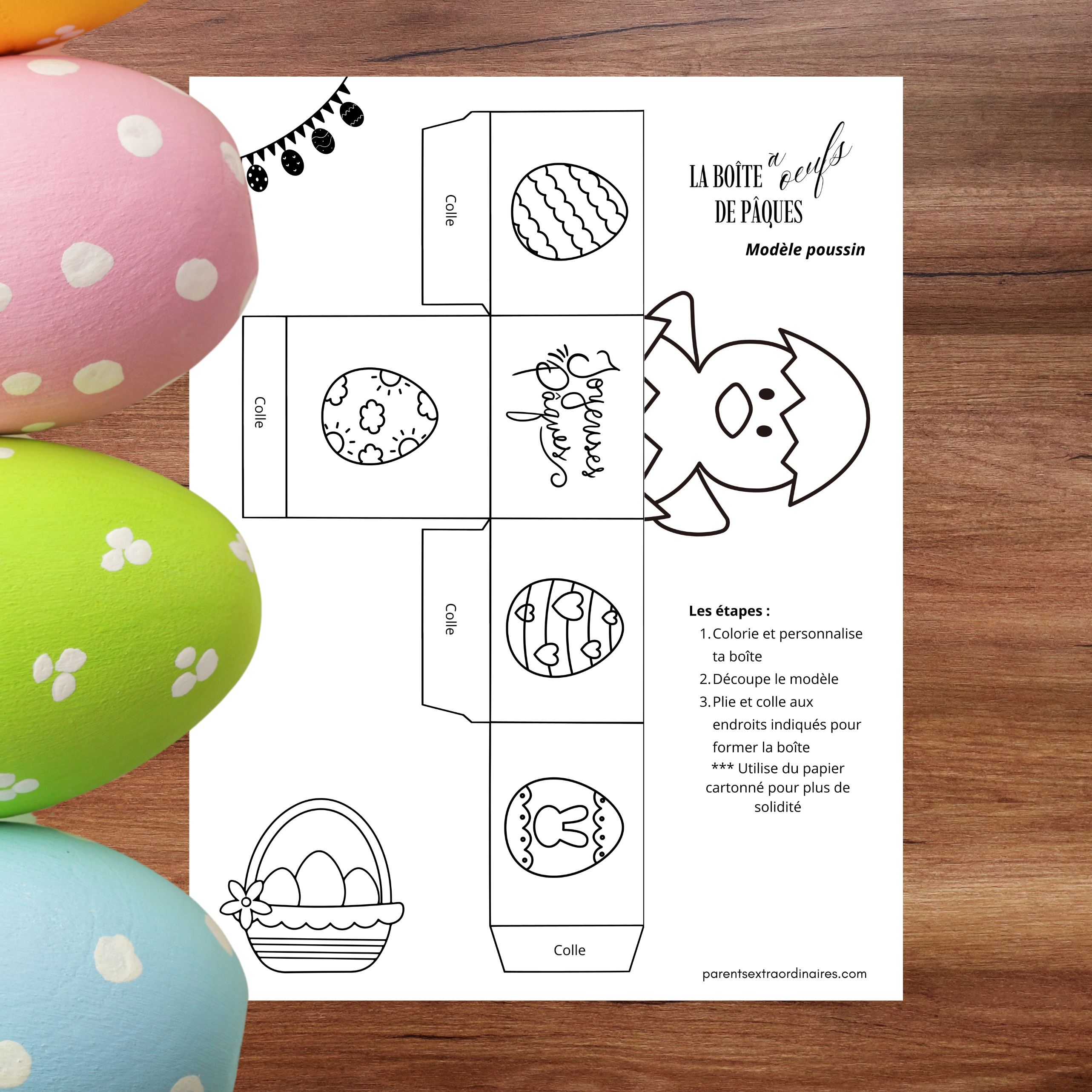 Activité de bricolage permettant de créer une boîte surprise de Pâques pour y cacher de petites surprises.