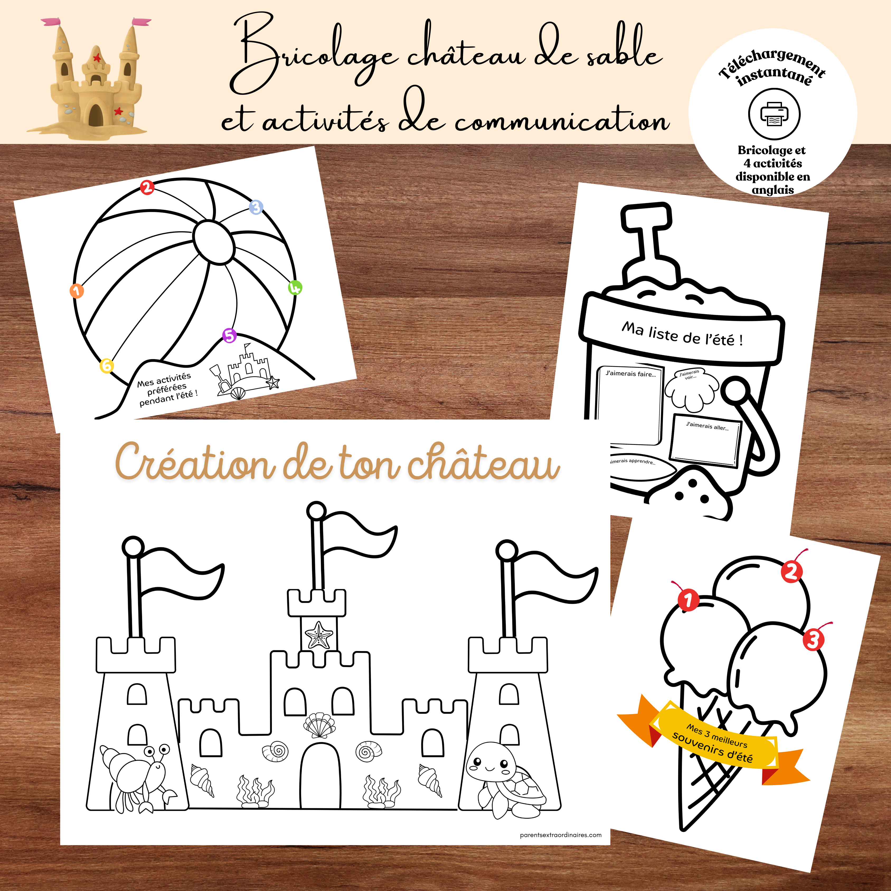 Ensemble d’activités estivales à imprimer comprenant un bricolage de château de sable à découper et assembler ainsi que des fiches de communication et de coloriage permettant aux enfants d’exprimer leurs idées, leurs souvenirs et leurs projets d’été.