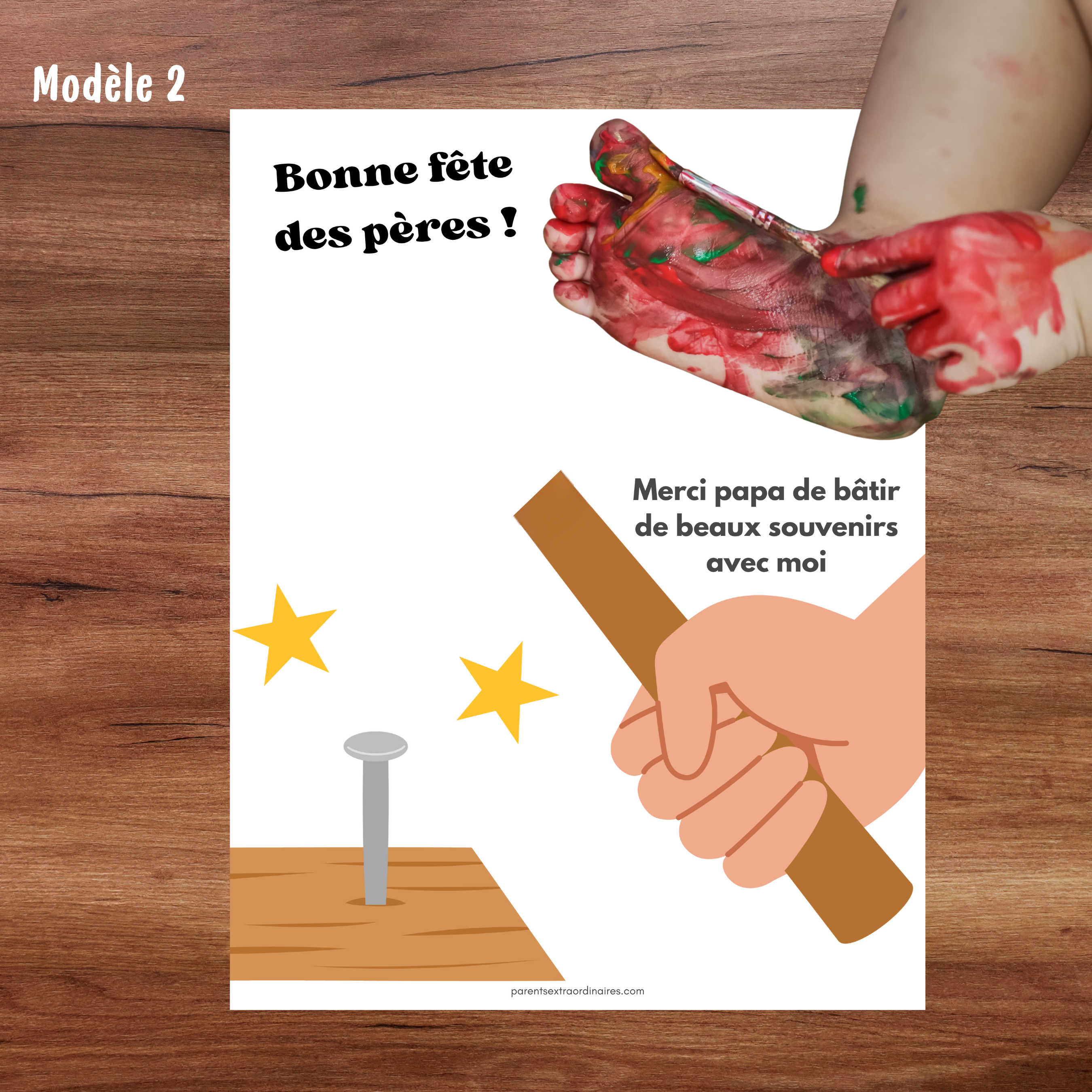 Bricolage fête des Pères pour enfants avec affiche d'empreintes de pied et thème outils.