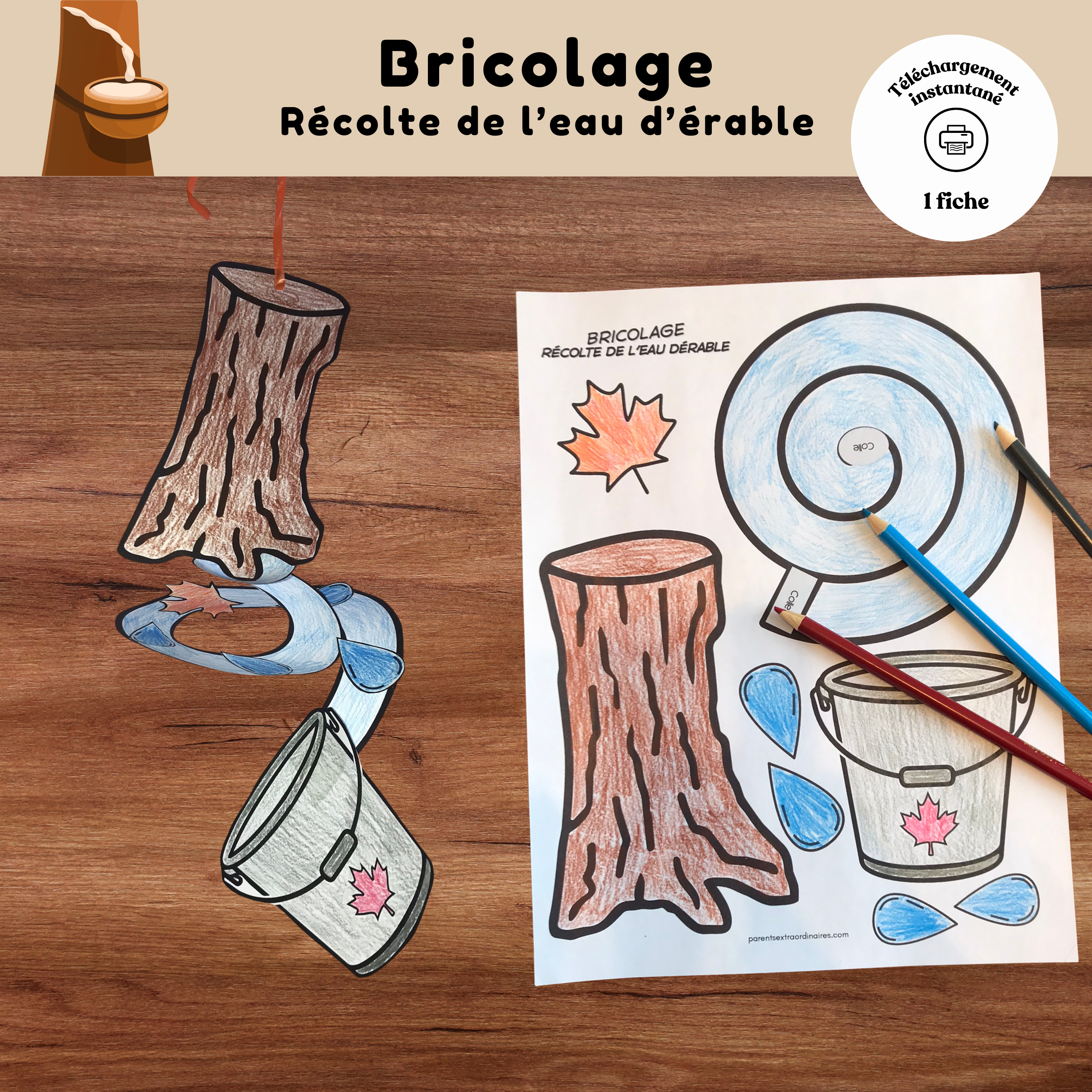 Bricolage gratuit de l'eau d'érable à imprimer pour enfants sur le thème de la cabane à sucre.