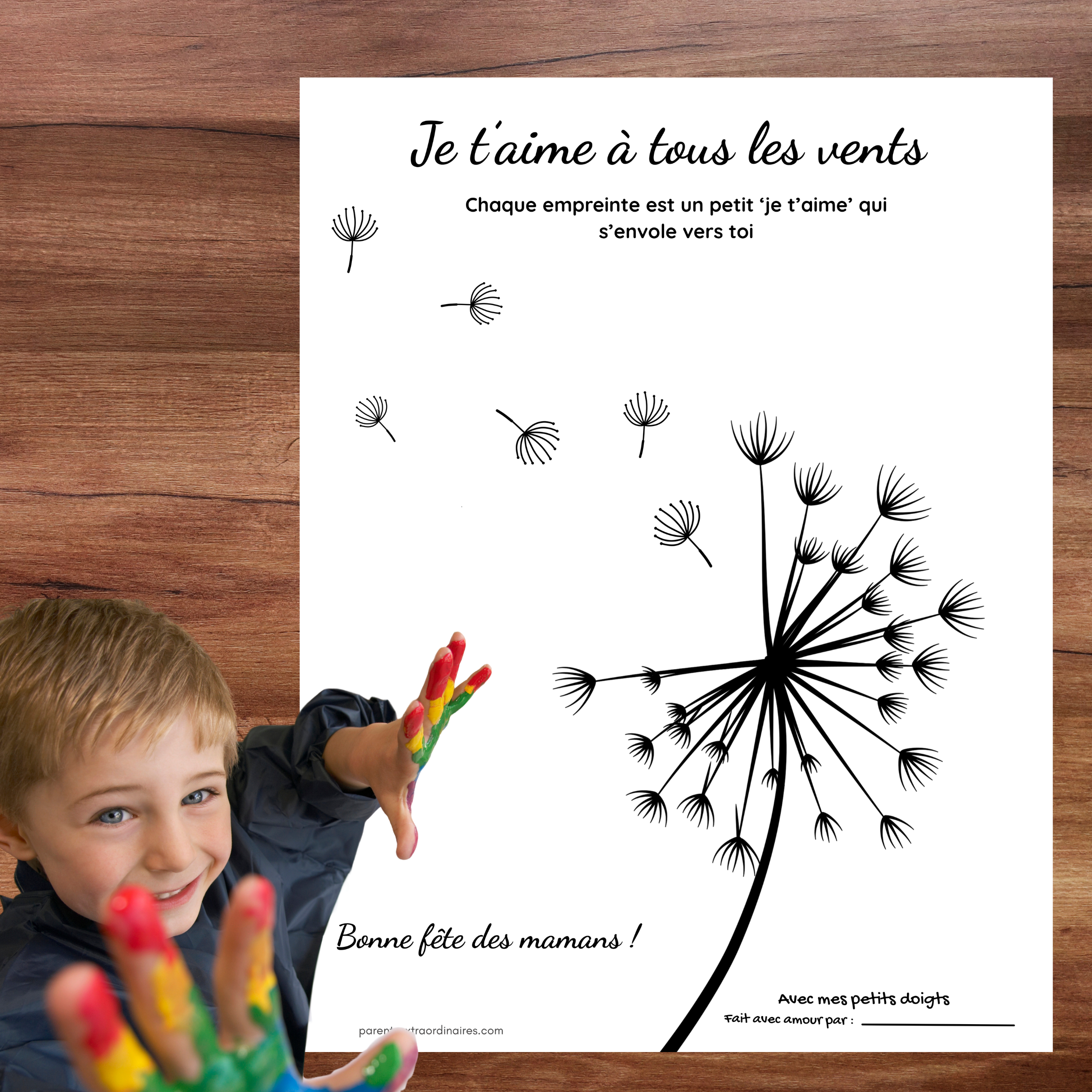 Activité fête des Mères pissenlit décoré avec empreintes de doigts pour offrir à maman.