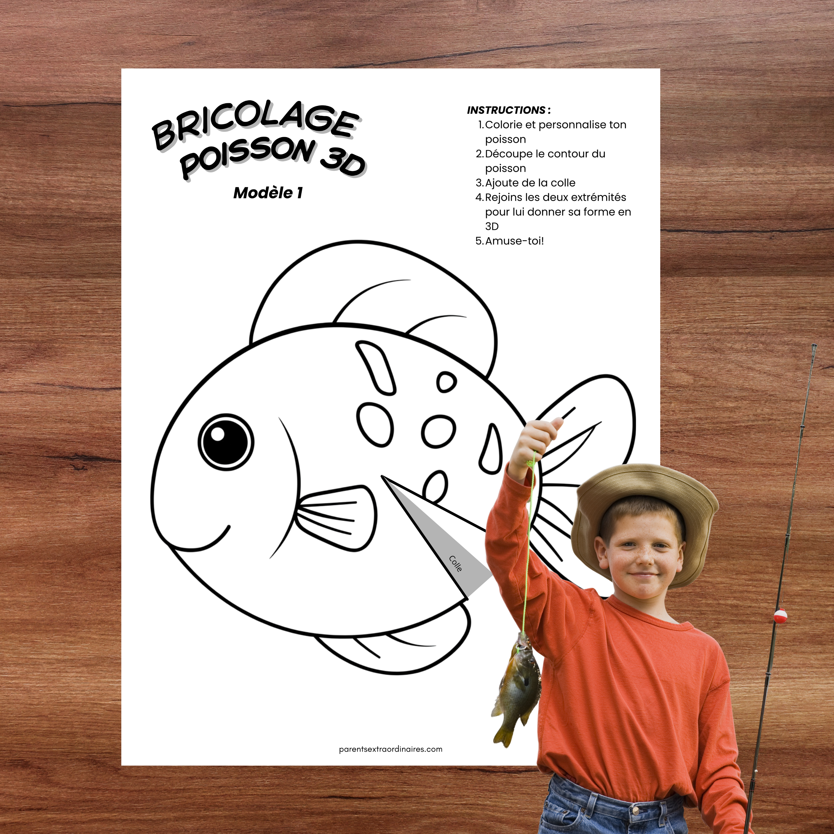 Poisson 3D à colorier et assembler, activité créative gratuite pour enfants.