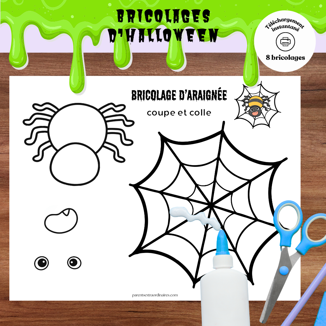 Bricolages et collages d’Halloween à imprimer avec araignée, citrouille, chauve-souris et fantôme