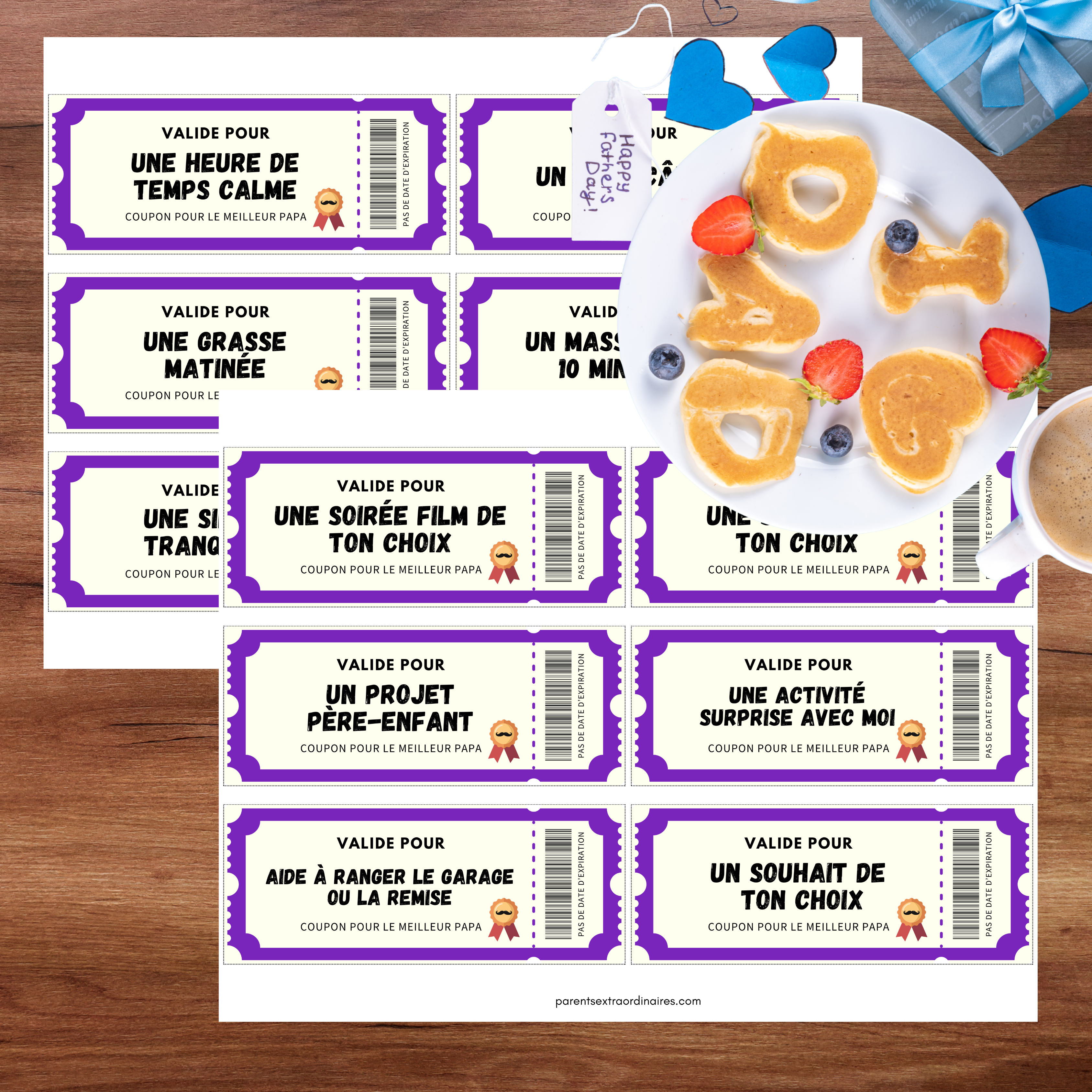 Coupons fête des Pères PDF imprimable pour activité préscolaire, garderie et maison