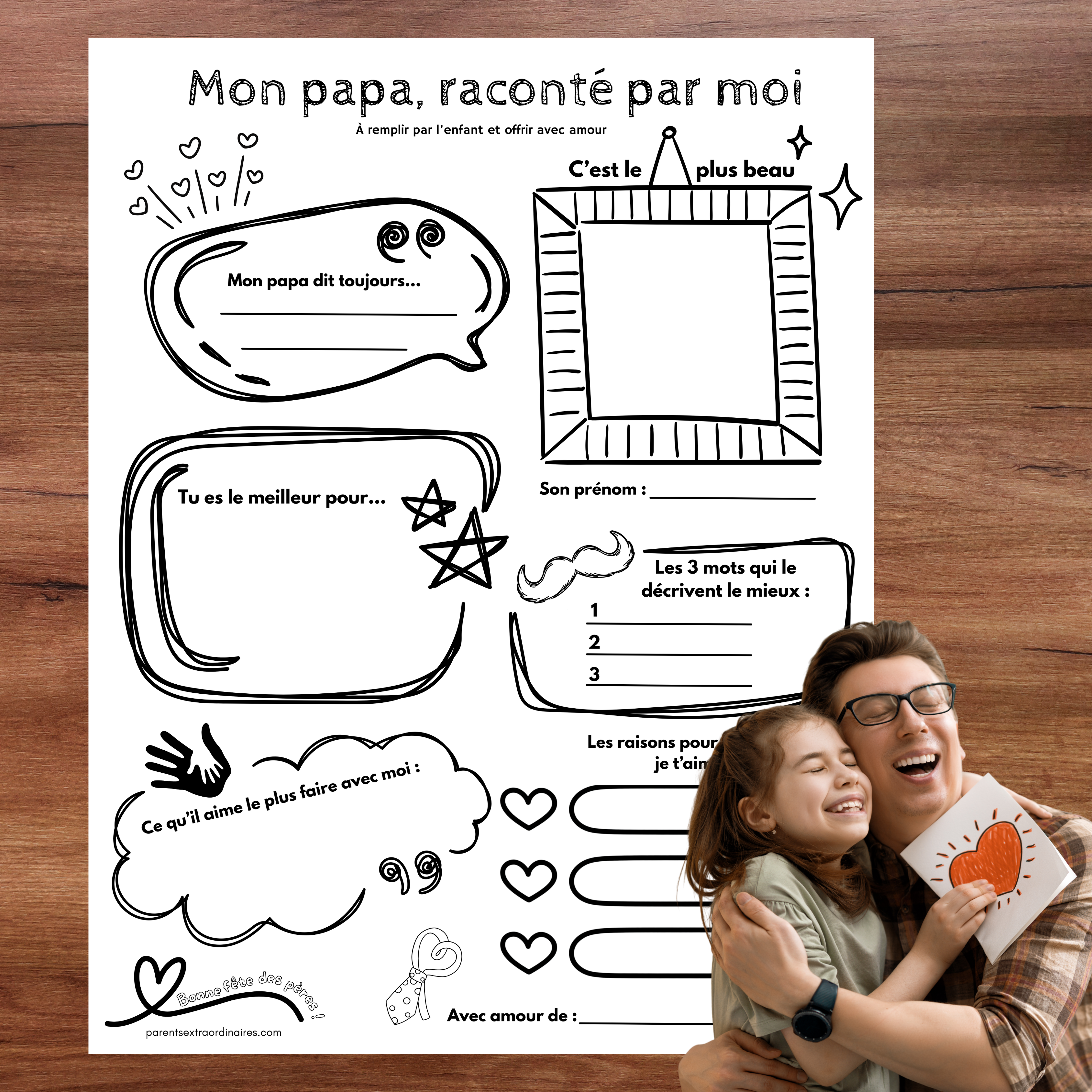Activité fête des Pères où l’enfant décrit son papa avec ses mots et ses dessins.