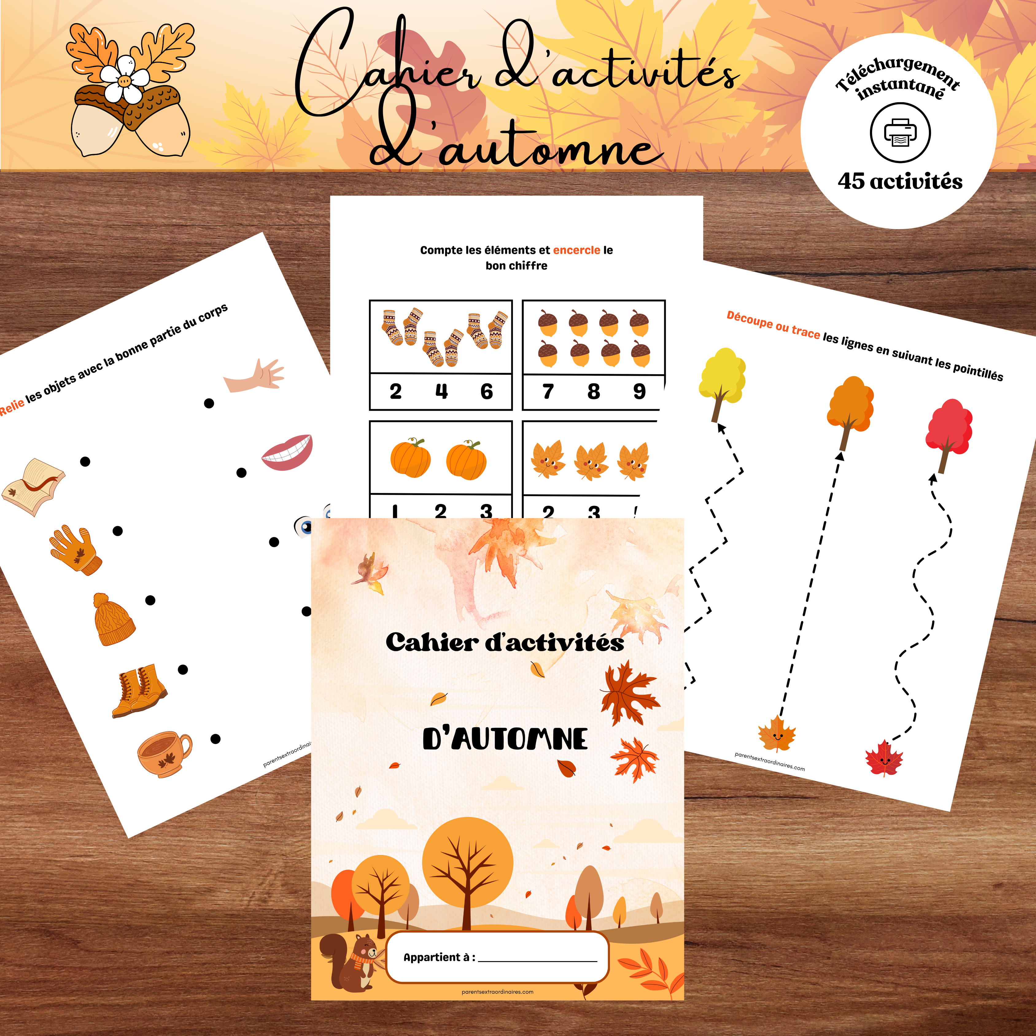 Cahier d’activités thème automne à imprimer pour enfants de 2 à 5 ans avec jeux éducatifs, coloriages et activités de motricité fine.