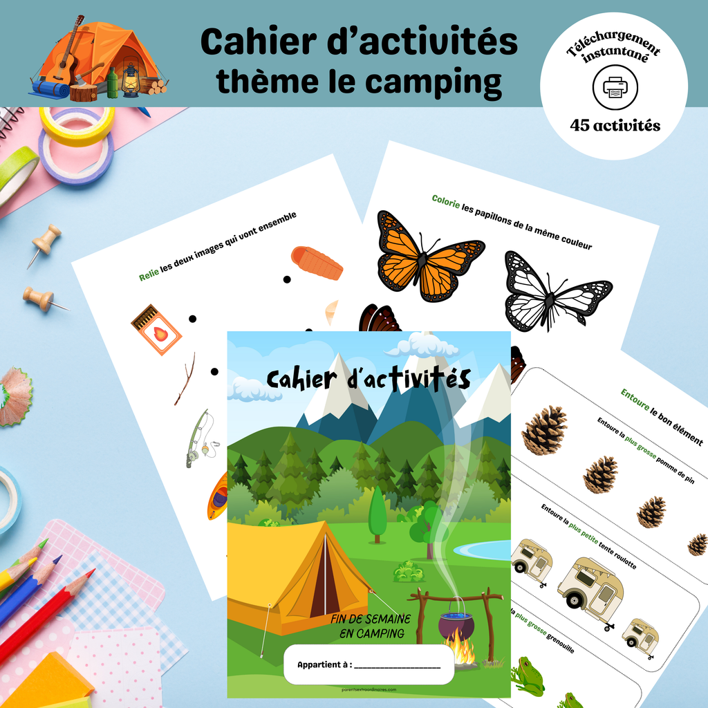 Cahier d’activités thème camping pour enfants 2 à 4 ans à imprimer avec jeux éducatifs simples.