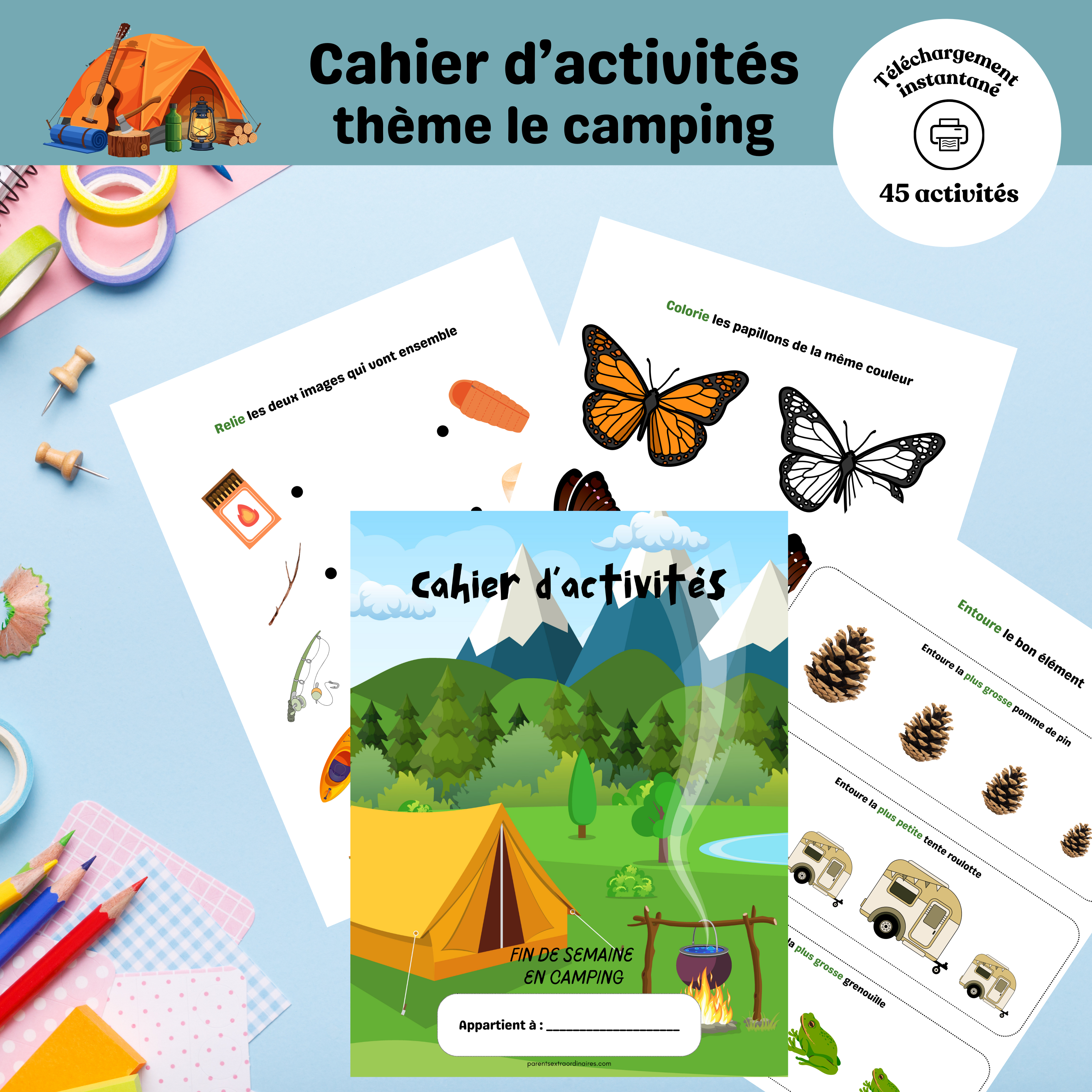 Cahier d’activités thème camping pour enfants 2 à 4 ans à imprimer avec jeux éducatifs simples.