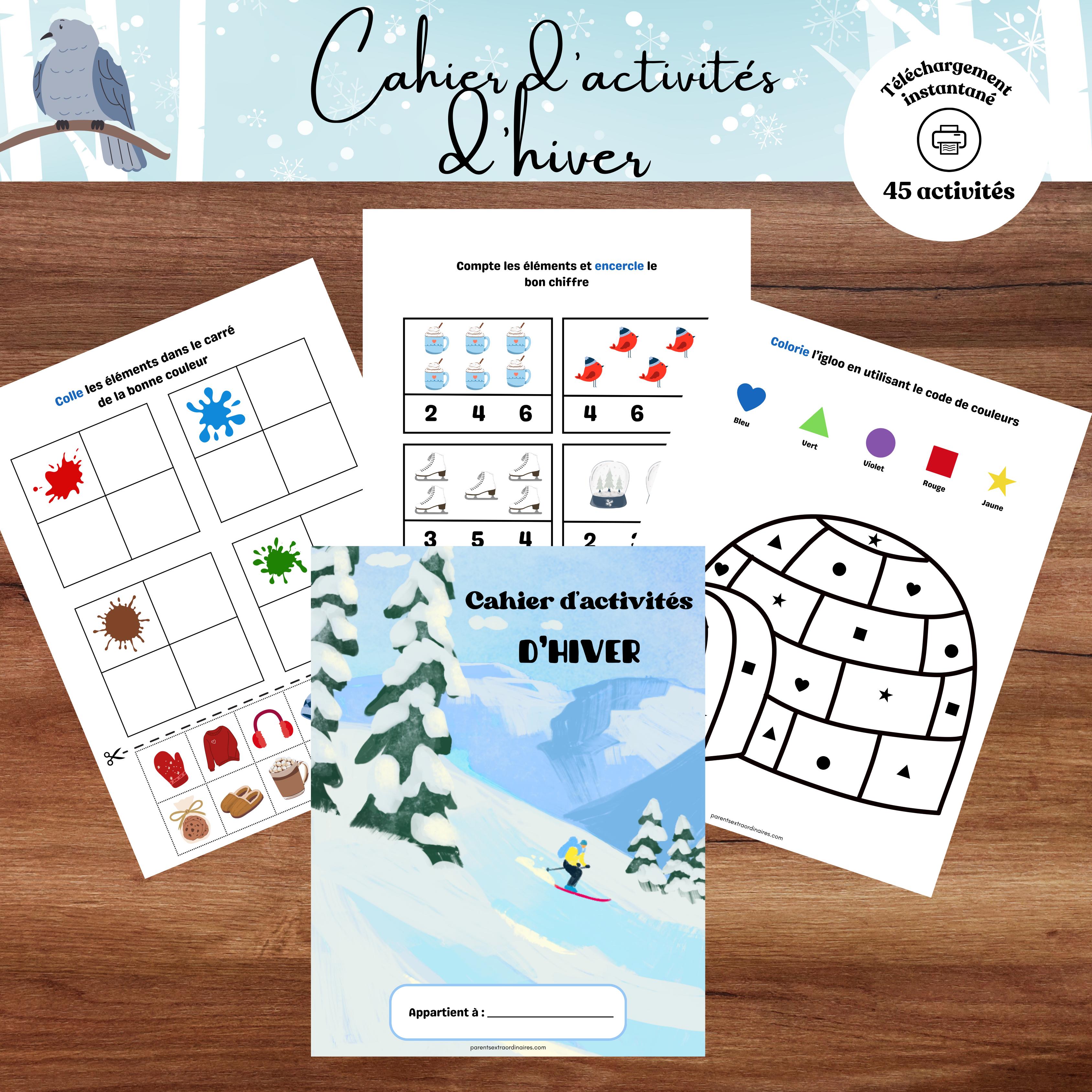Cahier d’activités thème hiver à imprimer pour enfants de 2 à 5 ans avec jeux éducatifs, coloriages et activités de motricité fine.