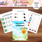 Cahier d’activités thème printemps pour enfants de 2 à 5 ans comprenant jeux éducatifs, coloriages et activités de motricité fine à imprimer.