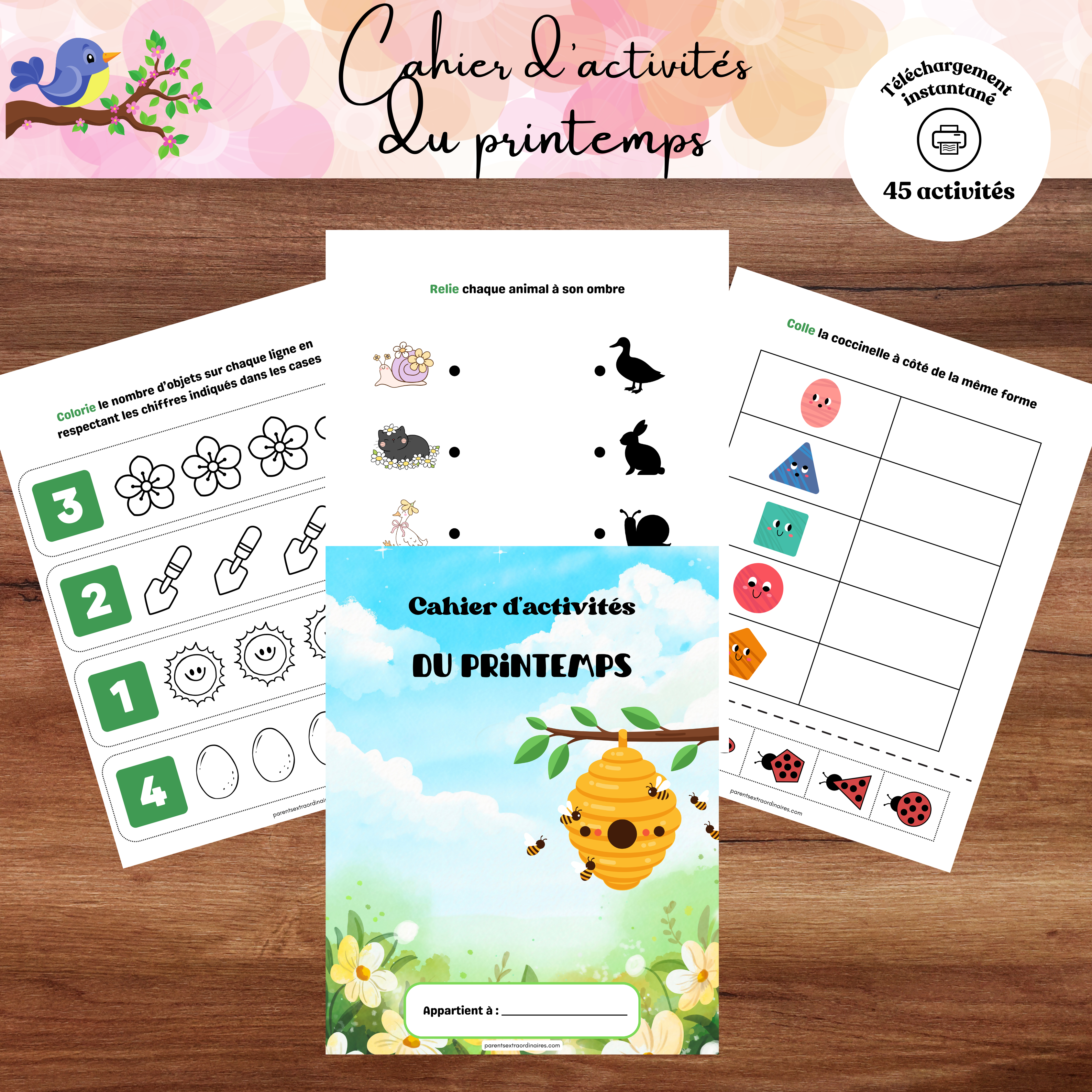Cahier d’activités thème printemps pour enfants de 2 à 5 ans comprenant jeux éducatifs, coloriages et activités de motricité fine à imprimer.