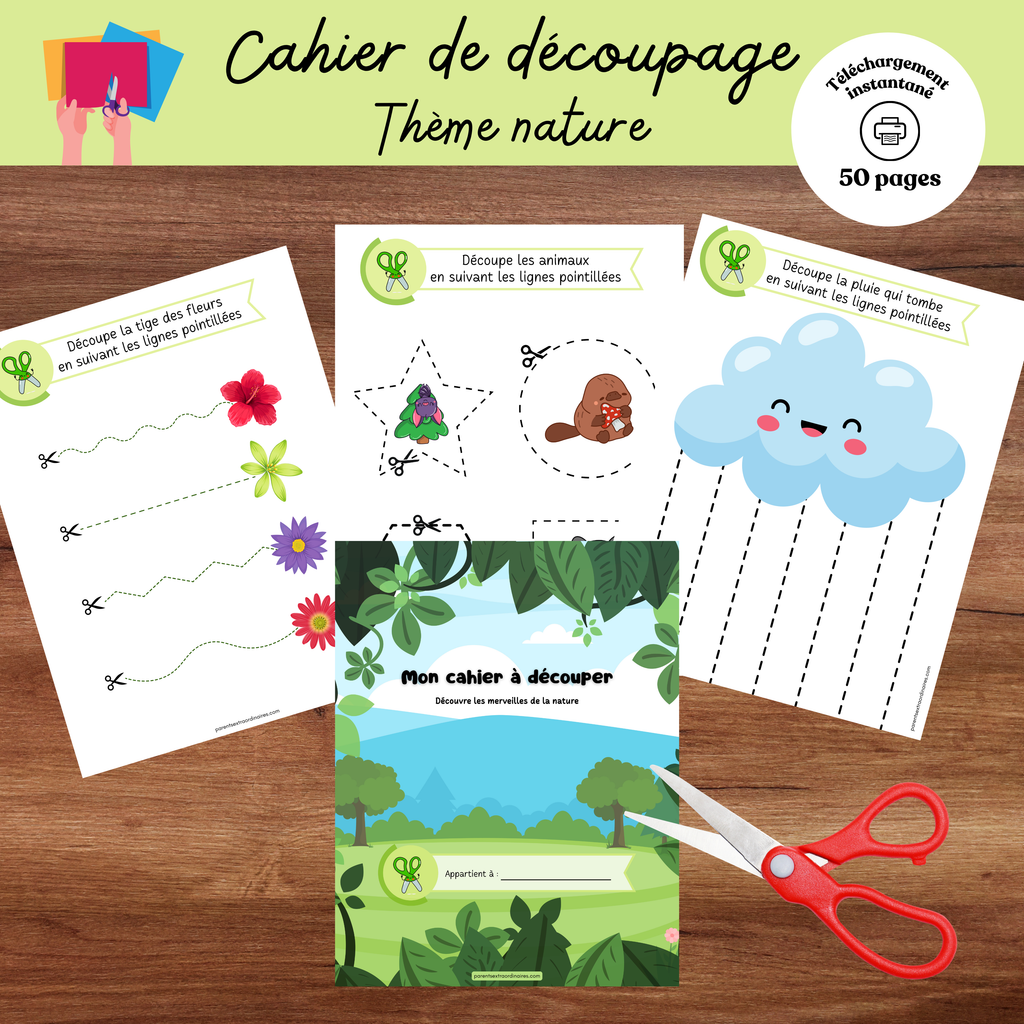 Cahier de découpage imprimable sur le thème de la nature comprenant 50 activités progressives pour apprendre à utiliser les ciseaux. Les enfants pratiquent le découpage de lignes droites, courbes, ondulées et en zigzag tout en découvrant des illustrations inspirées du monde naturel.