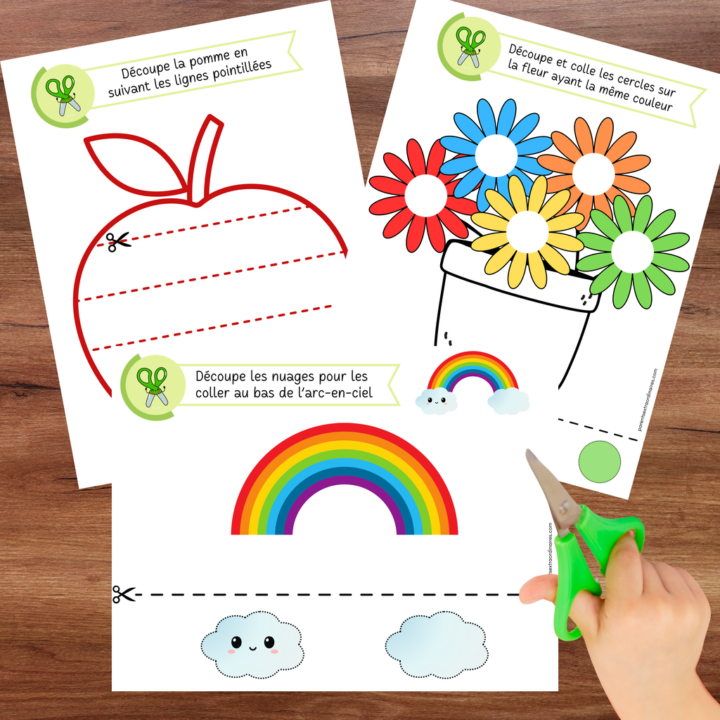 Cahier de découpage thème nature avec 50 activités progressives pour apprendre à utiliser les ciseaux. Une ressource éducative idéale pour développer la motricité fine, la coordination et la précision dès le préscolaire.