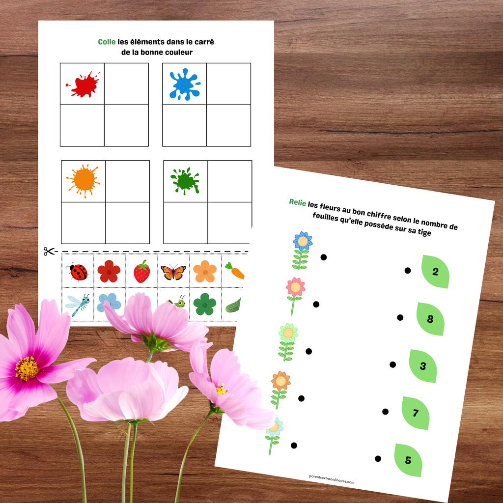 Cahier éducatif sur le thème du printemps avec activités ludiques pour développer la motricité fine, l’observation et la logique.