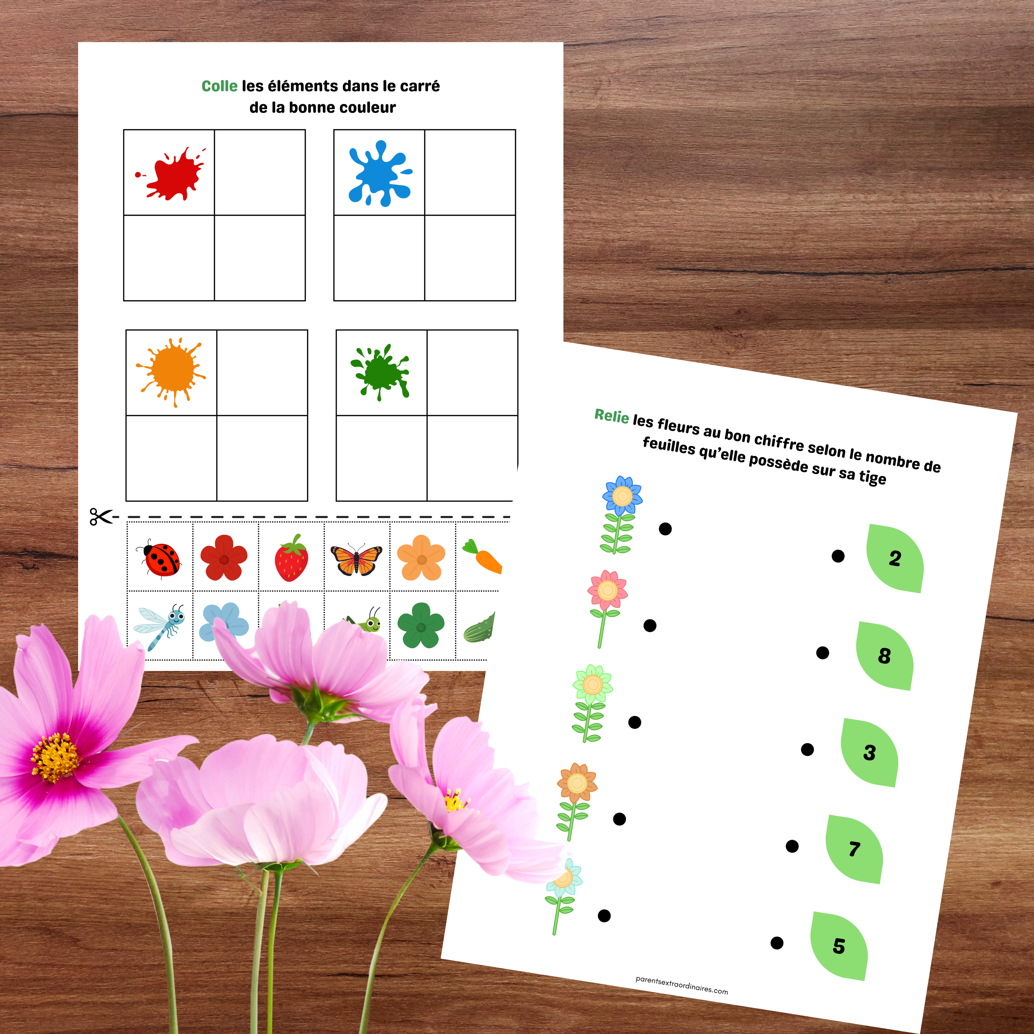 Cahier éducatif sur le thème du printemps avec activités ludiques pour développer la motricité fine, l’observation et la logique.