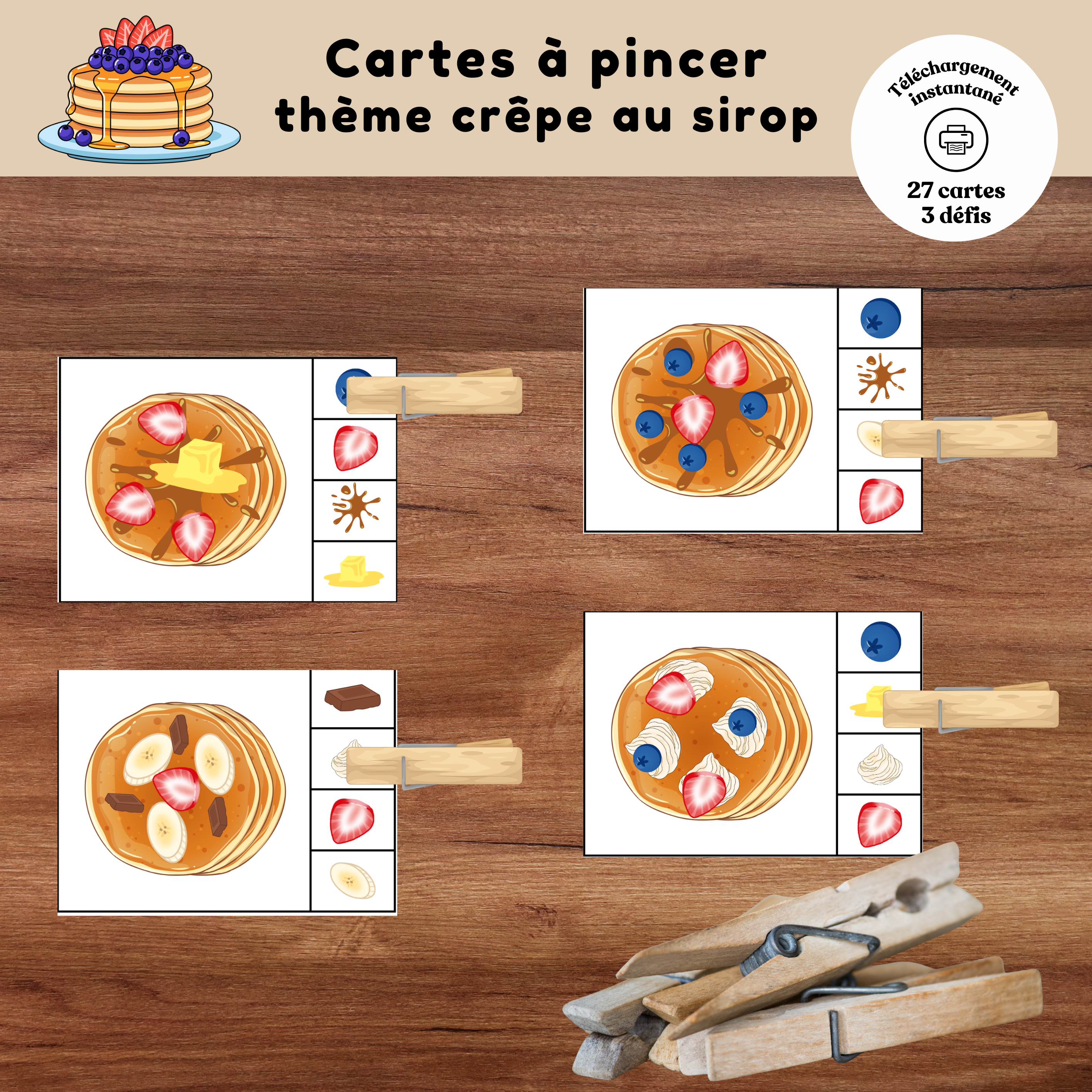 Cartes à pincer sur le thème des crêpes au sirop d'érable à imprimer pour enfants.
