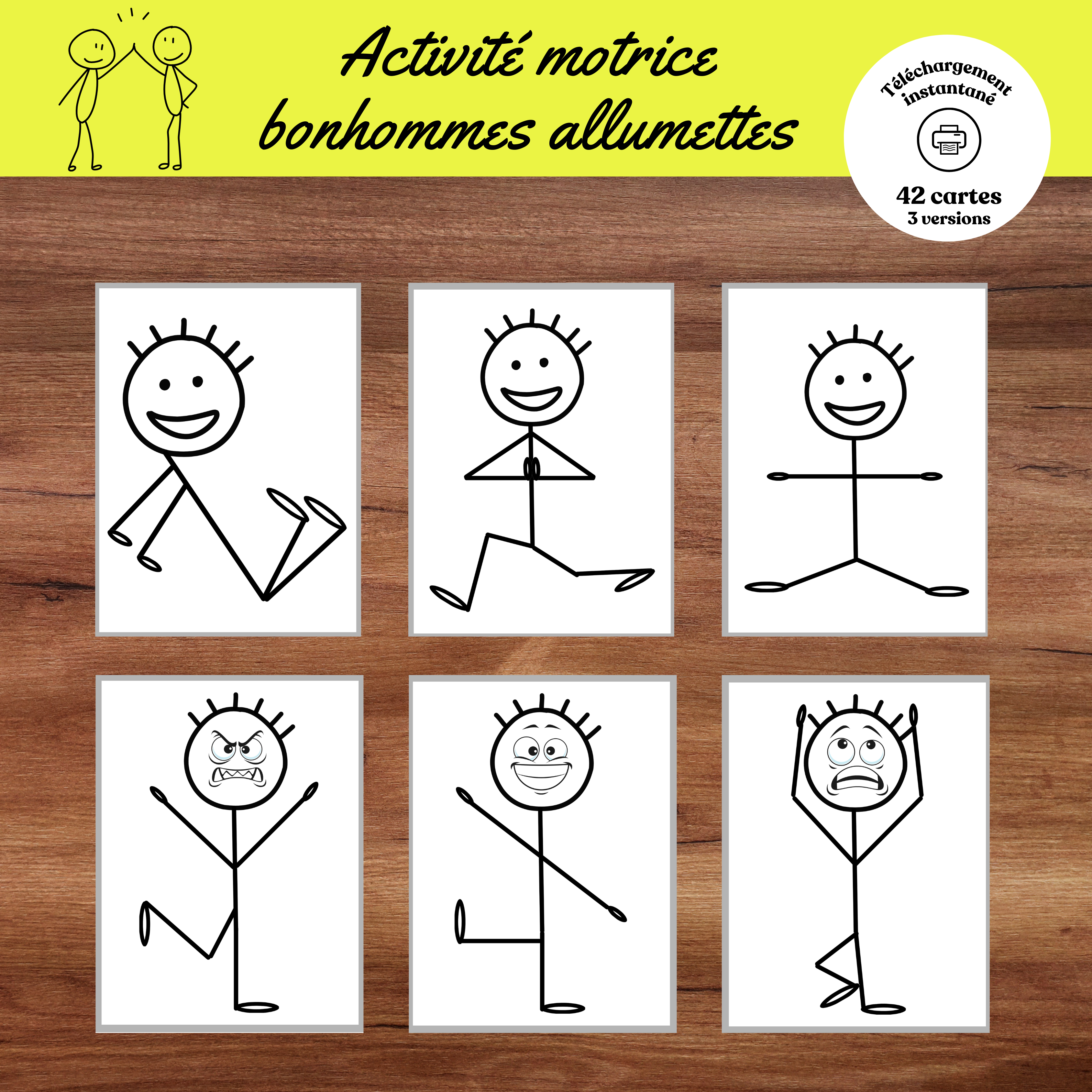 Cartes d’activité motrice bonhomme allumette imprimables permettant aux enfants de reproduire différentes postures, explorer les émotions et développer leur motricité globale à travers des défis amusants et interactifs.