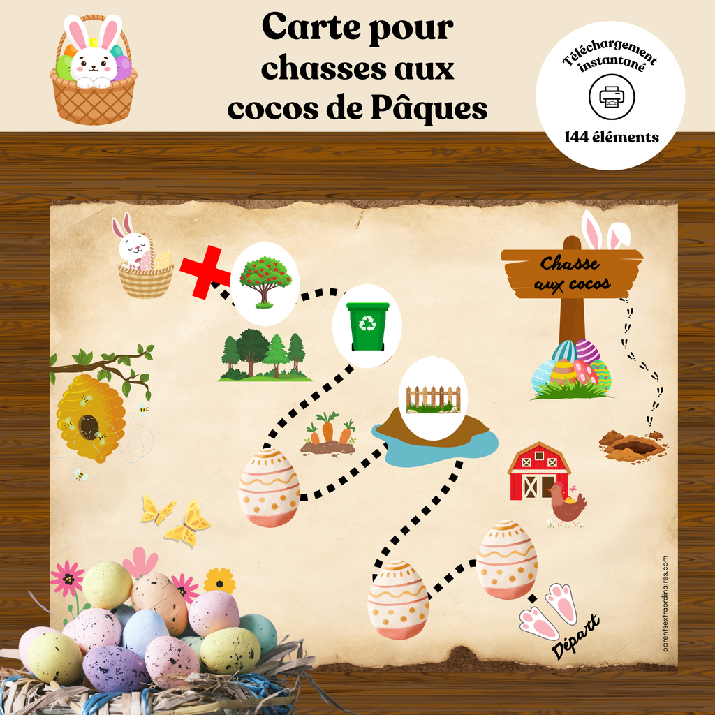 Ensemble de chasses aux trésors imprimables pour enfants comprenant cartes thématiques pâques et 144 éléments-indices à découper. Une activité ludique favorisant l’observation, la déduction, la compréhension et la résolution de problèmes à travers des aventures personnalisées.